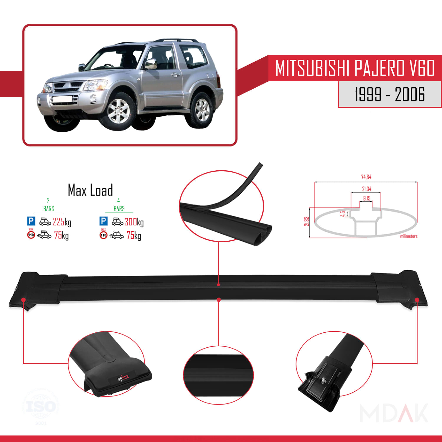 Mitsubishi Pajero (V60) 3 Kapı 1999-2006 Arası ile Uyumlu FLY Model Ara Atkı Tavan Barı Siyah 3 Adet - Görsel 3