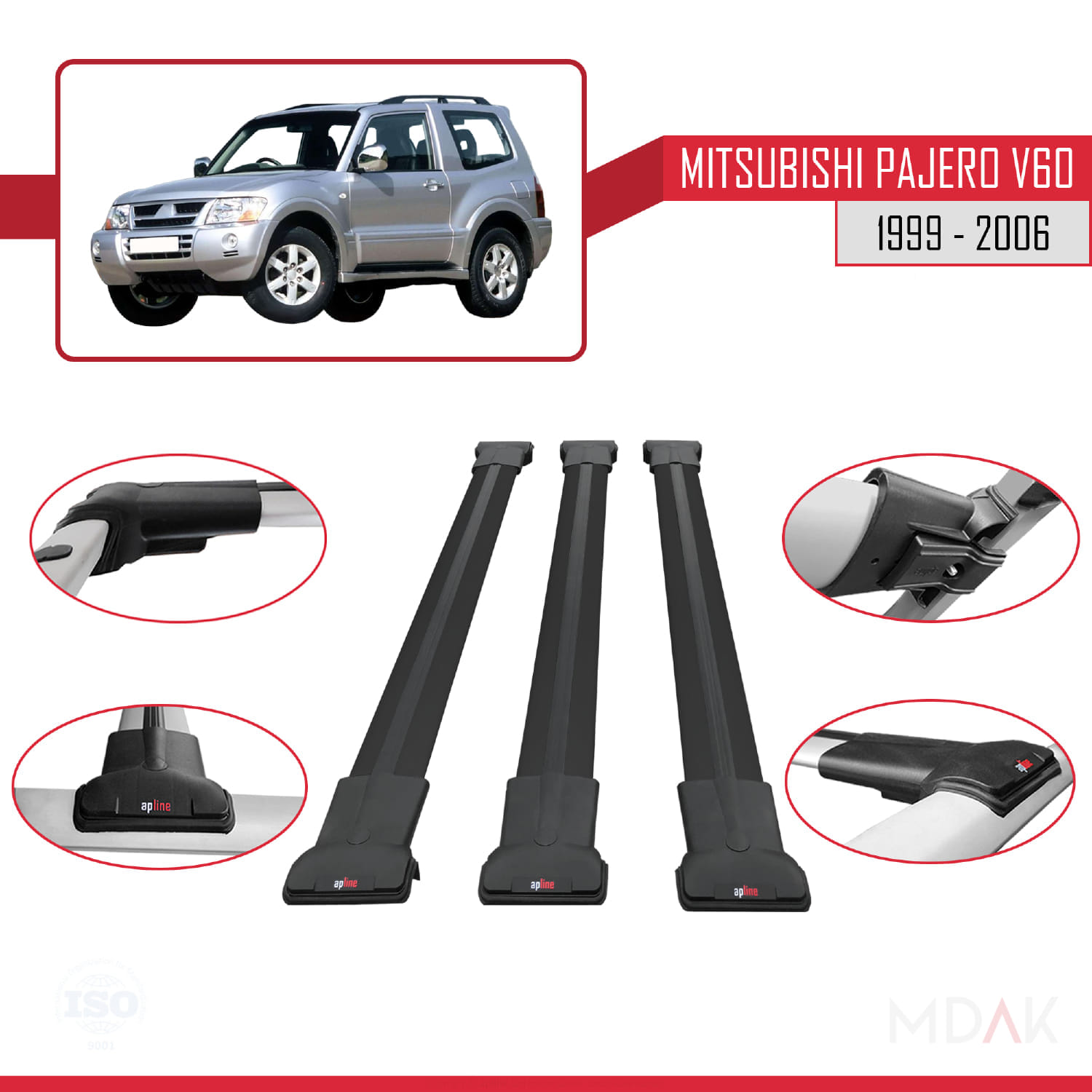 Mitsubishi Pajero (V60) 3 Kapı 1999-2006 Arası ile Uyumlu FLY Model Ara Atkı Tavan Barı Siyah 3 Adet - Görsel 4