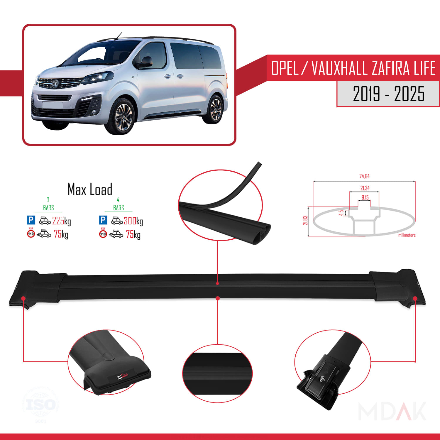 Opel Zafira Life 2019 ve Sonrası ile Uyumlu FLY Model Ara Atkı Tavan Barı Siyah 3 Adet - Görsel 3