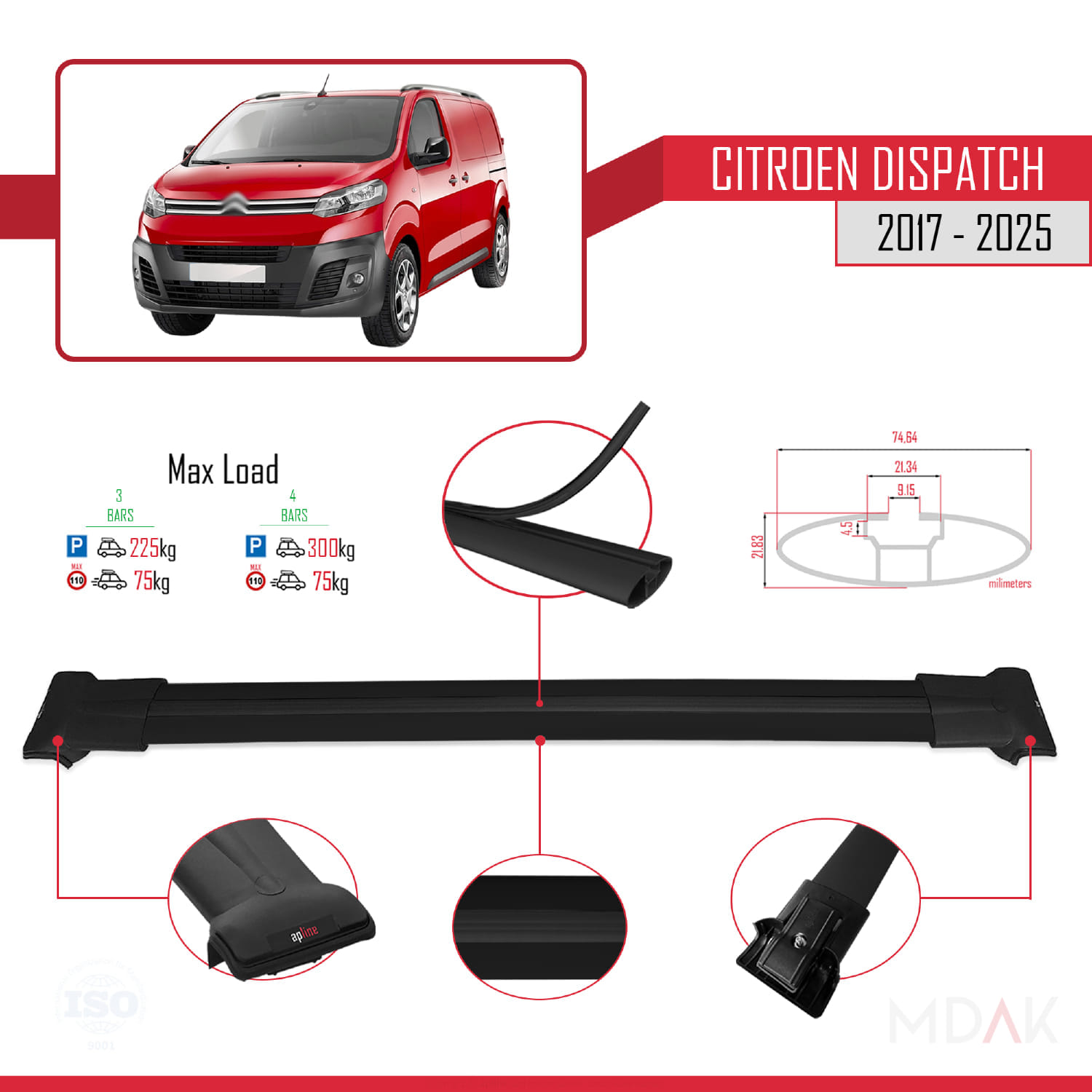 Citroen Dispatch (K0) 2017 ve Sonrası ile Uyumlu FLY Model Ara Atkı Tavan Barı Siyah 3 Adet - Görsel 3