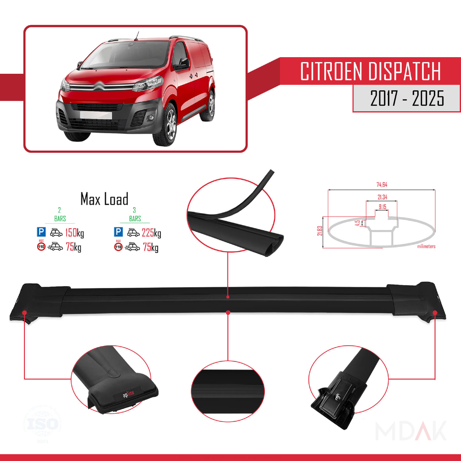Citroen Dispatch (K0) 2017 ve Sonrası ile Uyumlu FLY Model Ara Atkı Tavan Barı Siyah 2 Adet - Görsel 4