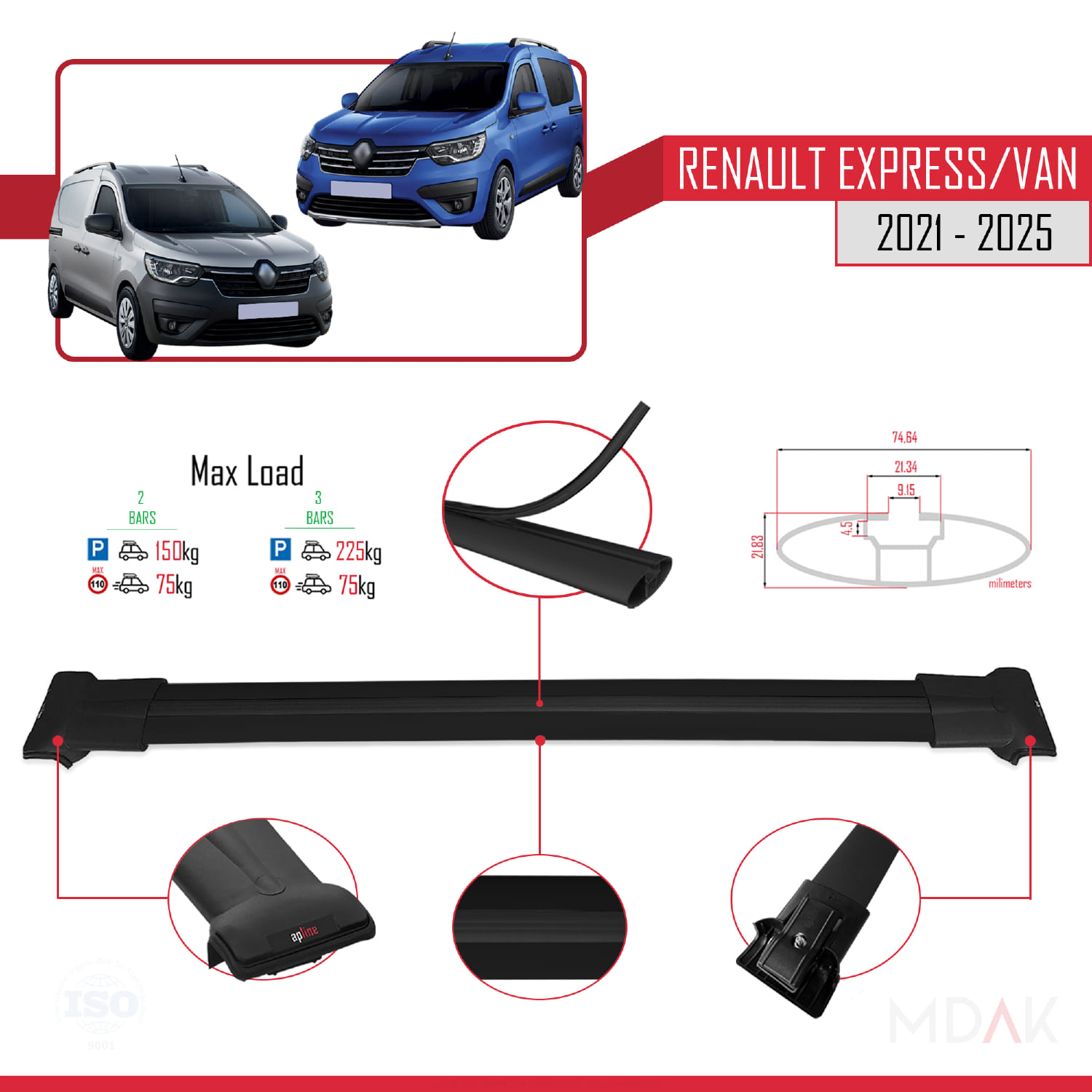 Renault Express 2021 ve Sonrası ile Uyumlu FLY Model Ara Atkı Tavan Barı Siyah 2 Adet - Görsel 4