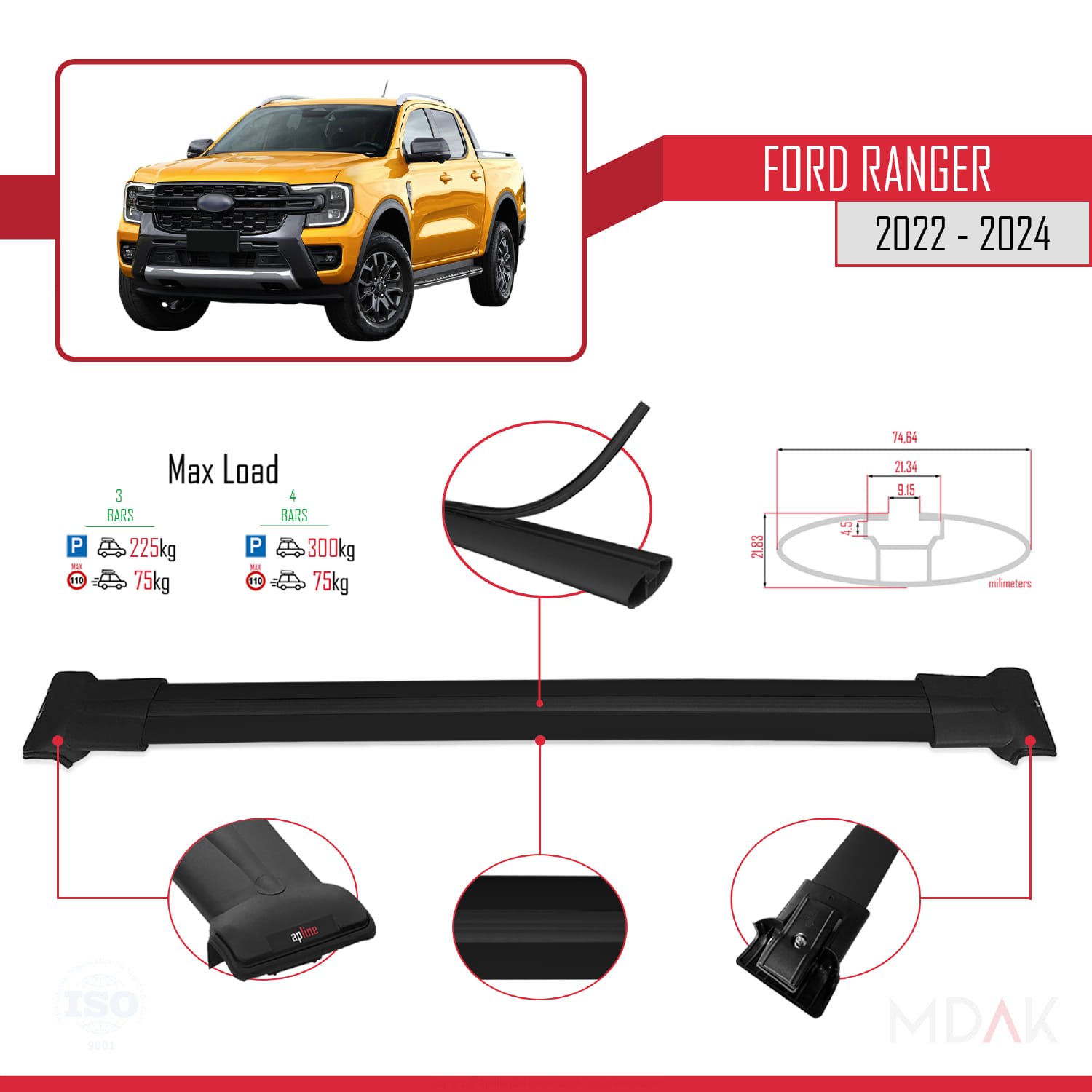 Ford Ranger (P703) 2022-2024 Arası ile Uyumlu FLY Model Ara Atkı Tavan Barı Siyah 3 Adet - Görsel 3