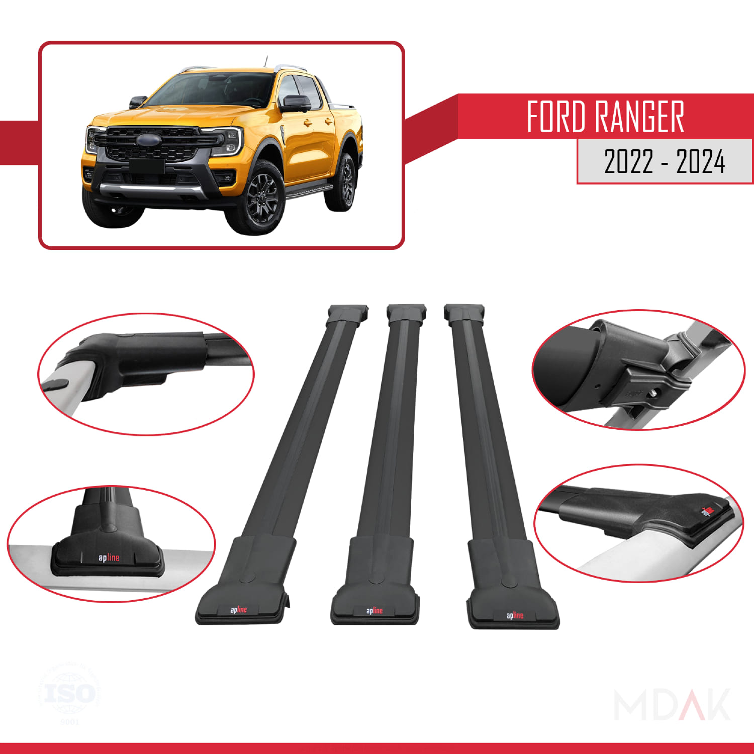 Ford Ranger (P703) 2022-2024 Arası ile Uyumlu FLY Model Ara Atkı Tavan Barı Siyah 3 Adet - Görsel 4