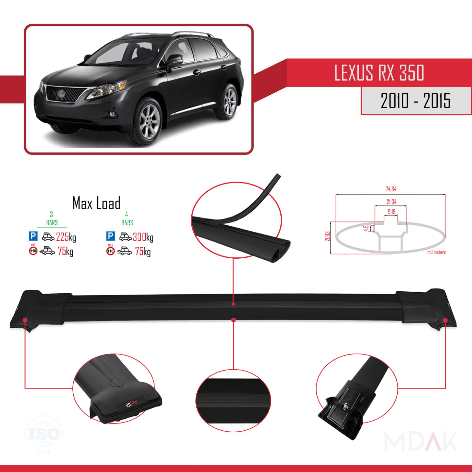 Lexus RX 3 (AL10) 2010-2015 Arası ile Uyumlu FLY Model Ara Atkı Tavan Barı Siyah 3 Adet - Görsel 3
