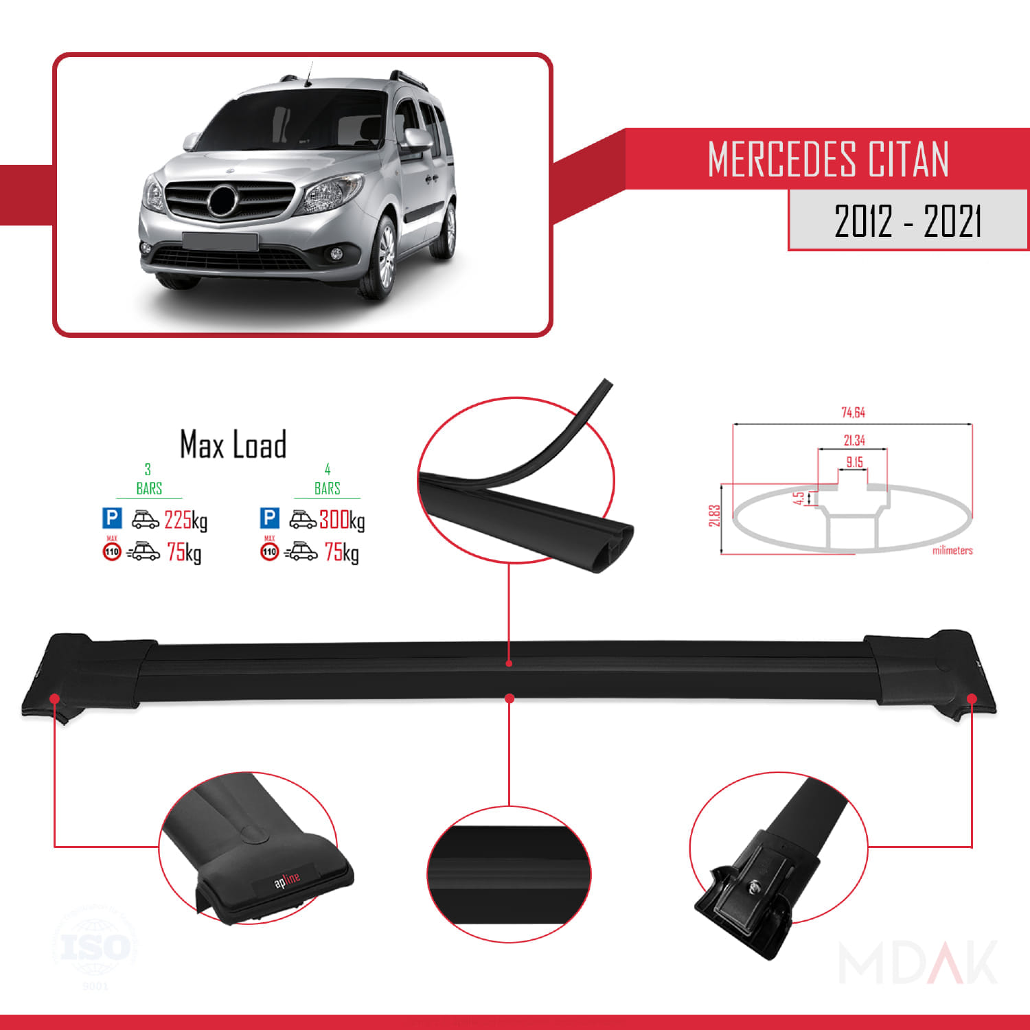 Mercedes Citan (W415) 2012-2021 Arası ile Uyumlu FLY Model Ara Atkı Tavan Barı Siyah 4 Adet - Görsel 3