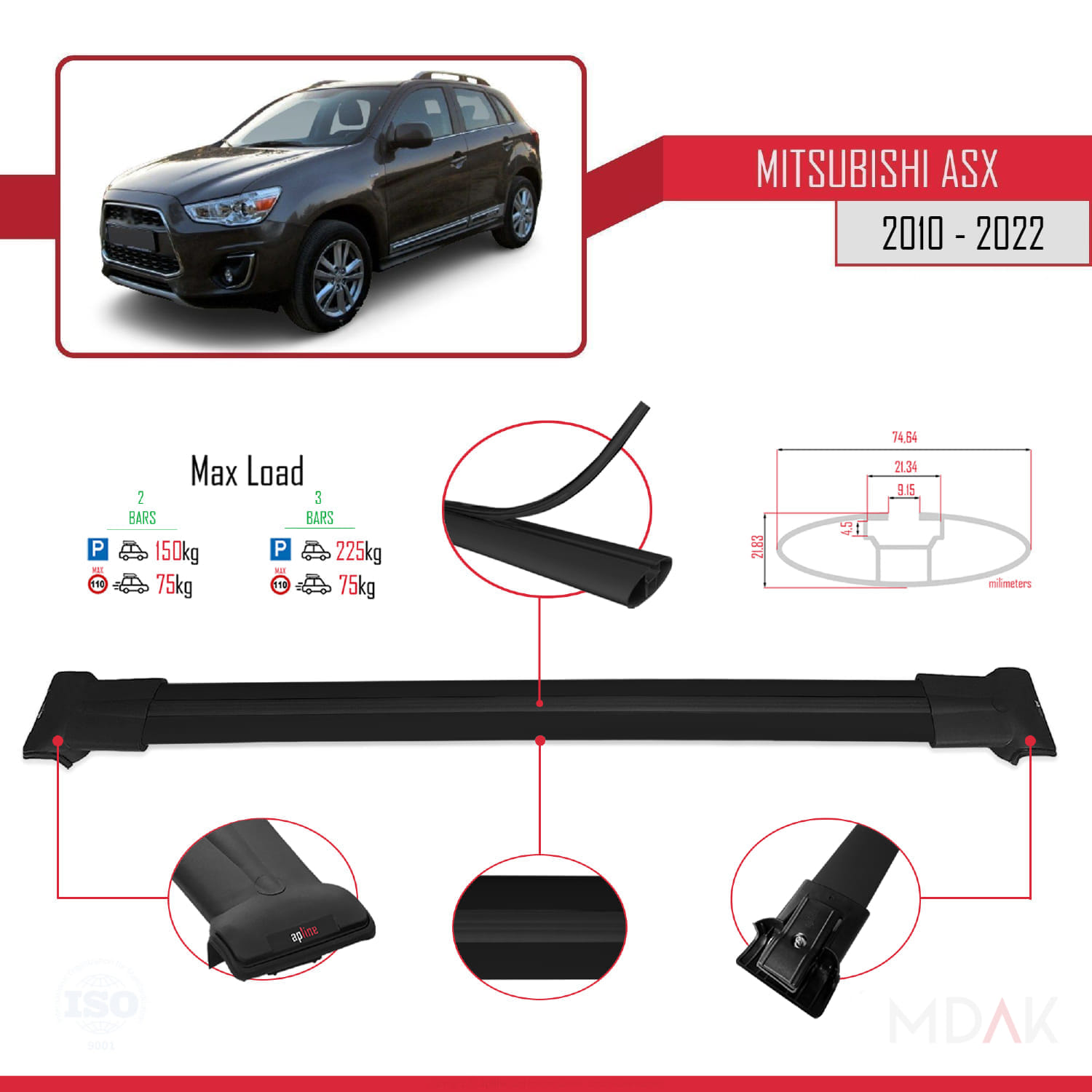 Mitsubishi ASX (GA) 2010-2022 Arası ile Uyumlu FLY Model Ara Atkı Tavan Barı Siyah 2 Adet - Görsel 4