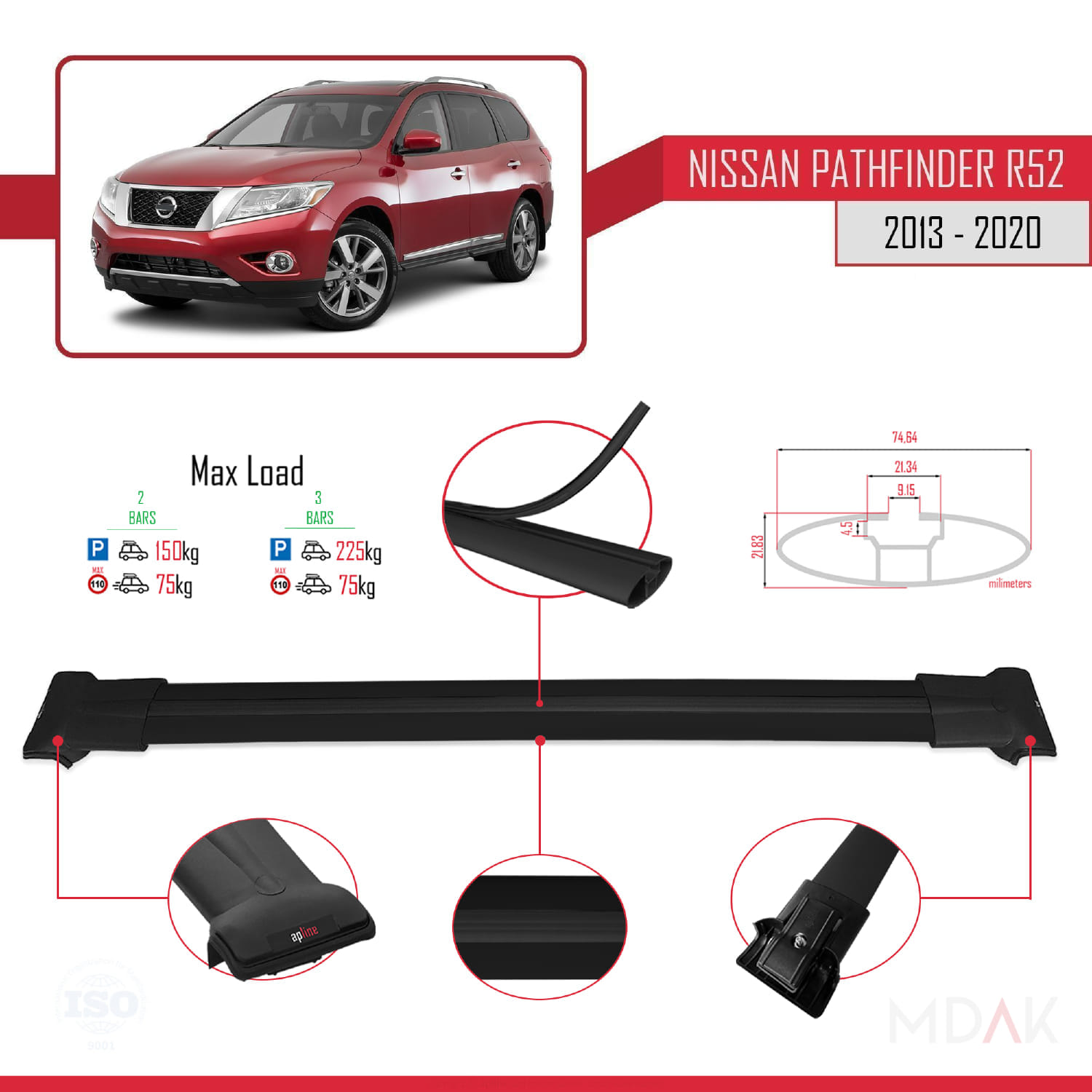 Nissan Pathfinder 4 (R52) 2013-2020 Arası ile Uyumlu FLY Model Ara Atkı Tavan Barı Siyah 2 Adet - Görsel 3