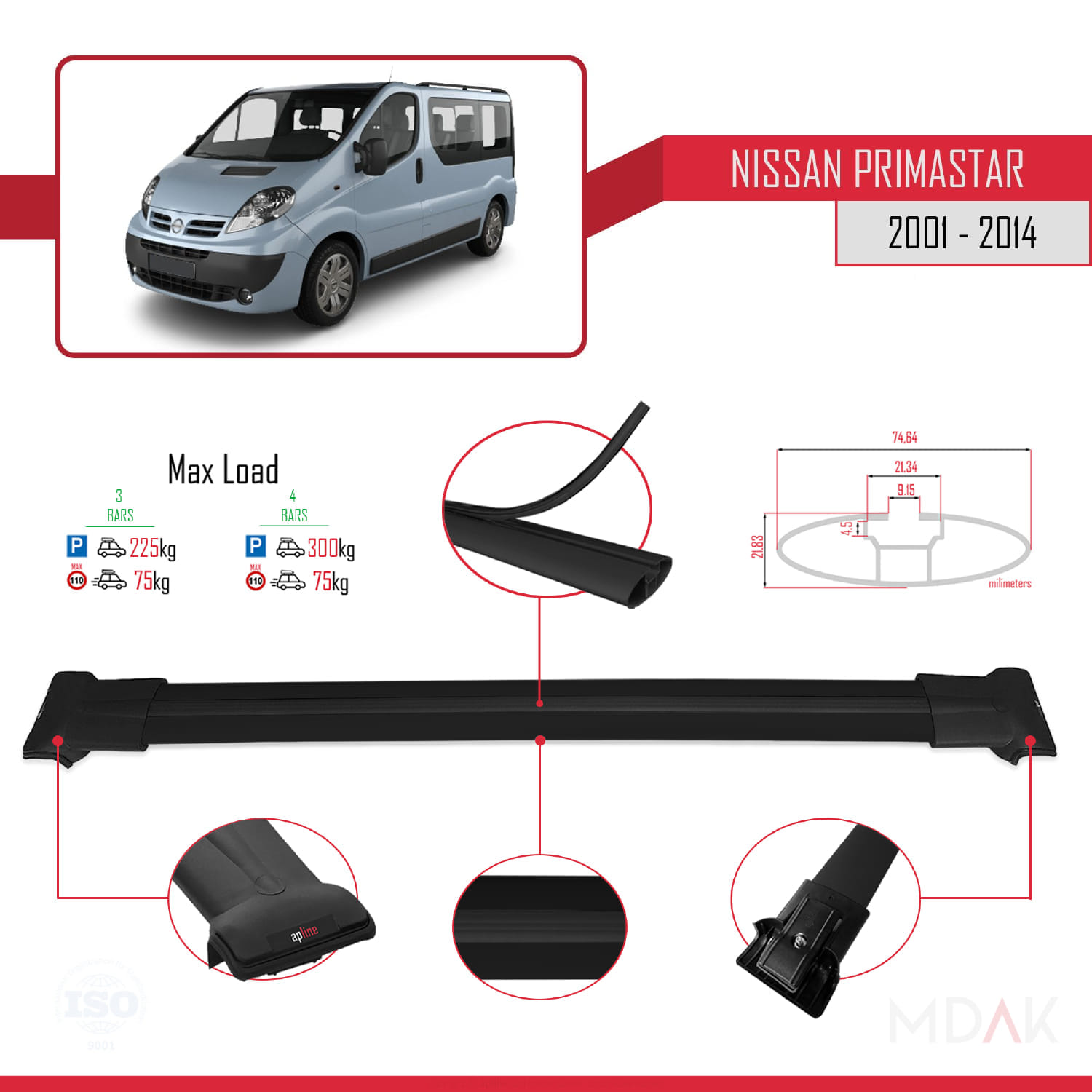 Nissan Primastar 2001-2014 Arası ile Uyumlu FLY Model Ara Atkı Tavan Barı Siyah 3 Adet - Görsel 3
