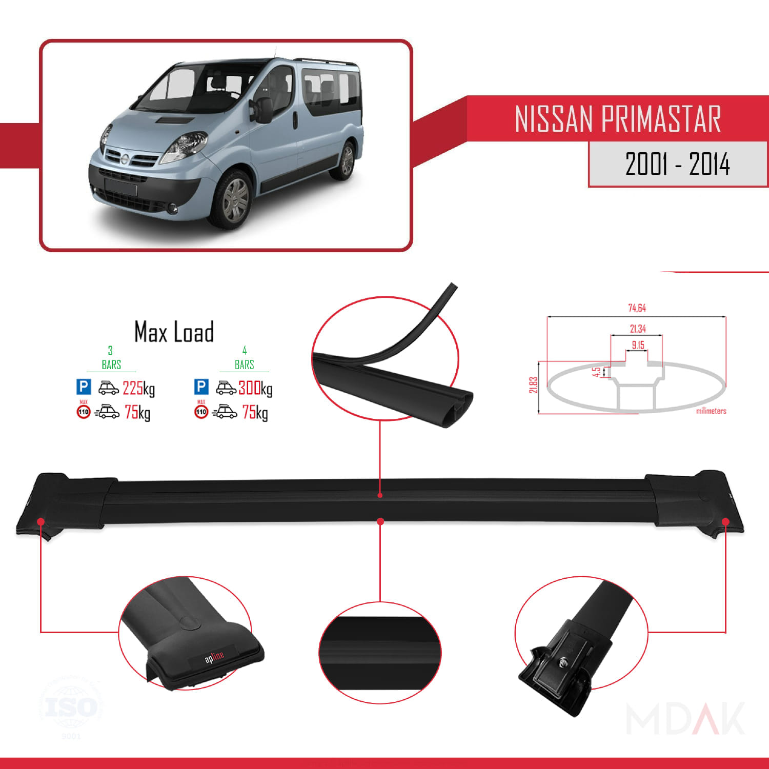Nissan Primastar 2001-2014 Arası ile Uyumlu FLY Model Ara Atkı Tavan Barı Siyah 4 Adet - Görsel 3