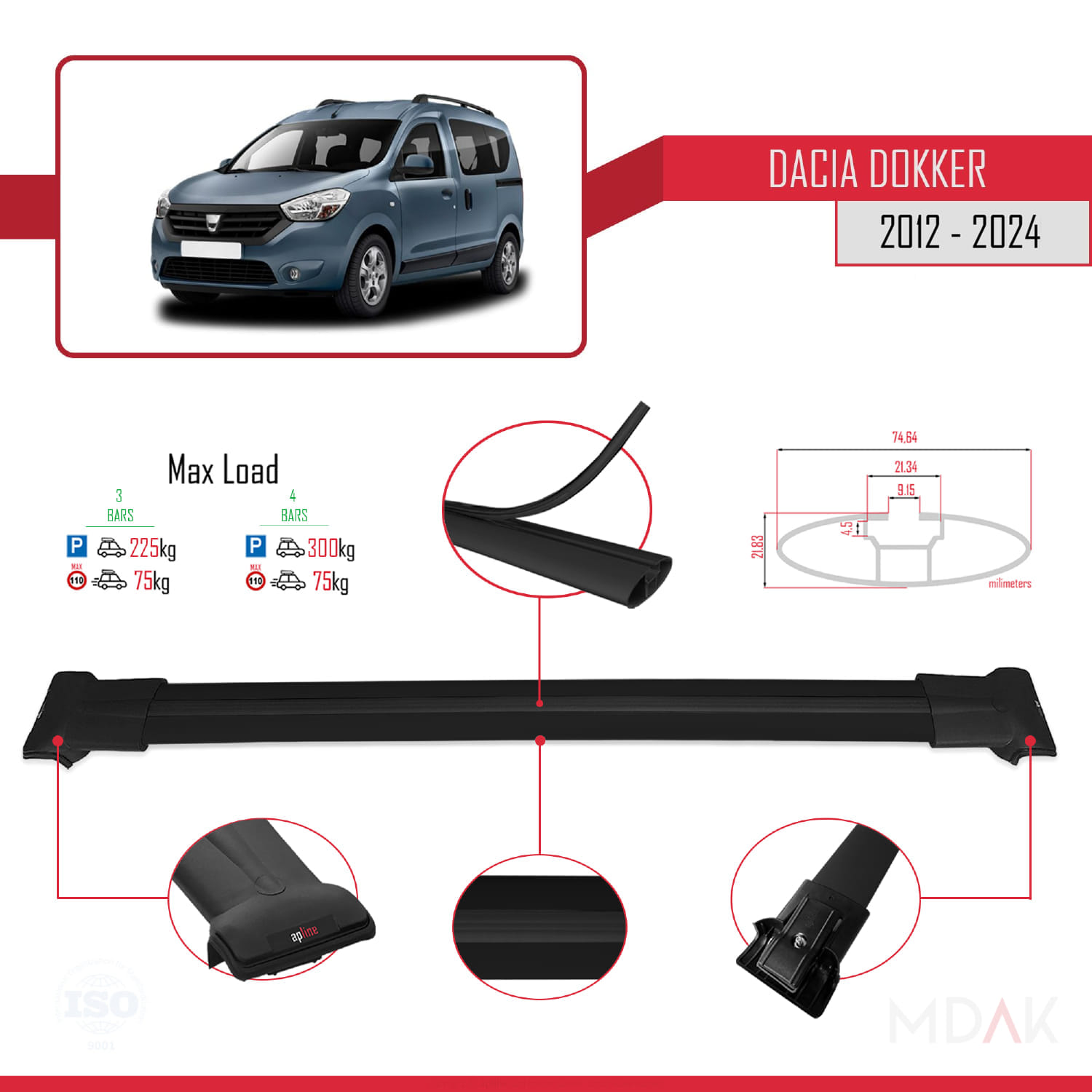 Dacia Dokker (K67) 2012-2024 Arası ile Uyumlu FLY Model Ara Atkı Tavan Barı Siyah 3 Adet - Görsel 4