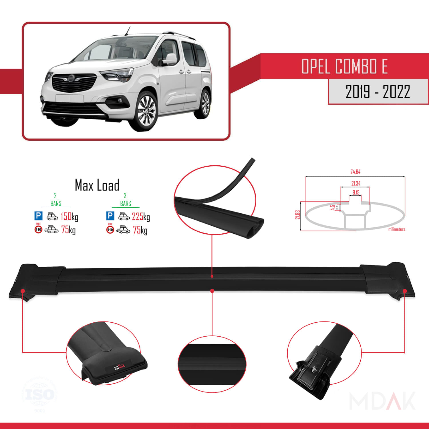 Opel Combo E 2019-2022 Arası ile Uyumlu FLY Model Ara Atkı Tavan Barı Siyah 2 Adet - Görsel 4