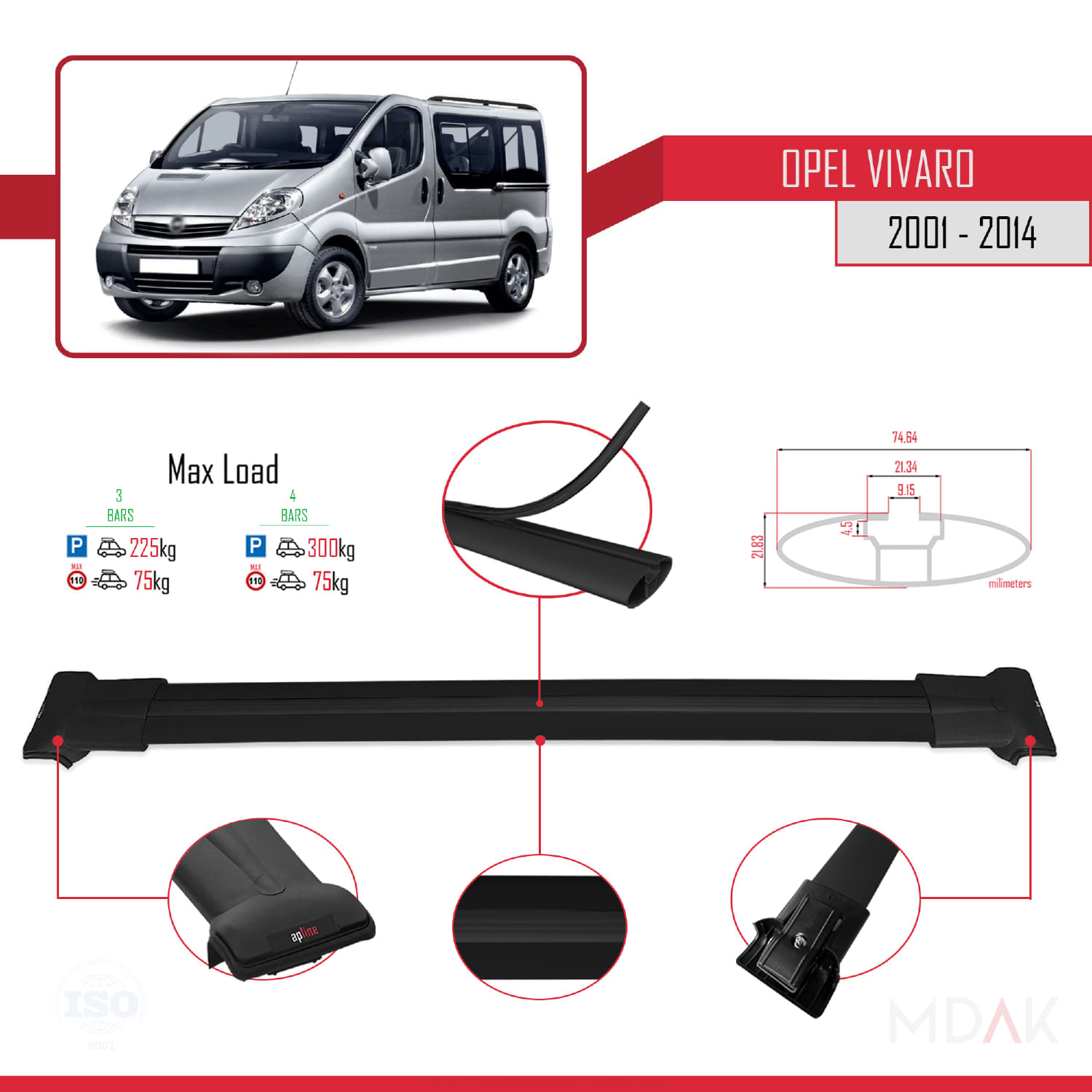 Opel Vivaro A 2001-2014 Arası ile Uyumlu FLY Model Ara Atkı Tavan Barı Siyah 3 Adet - Görsel 3