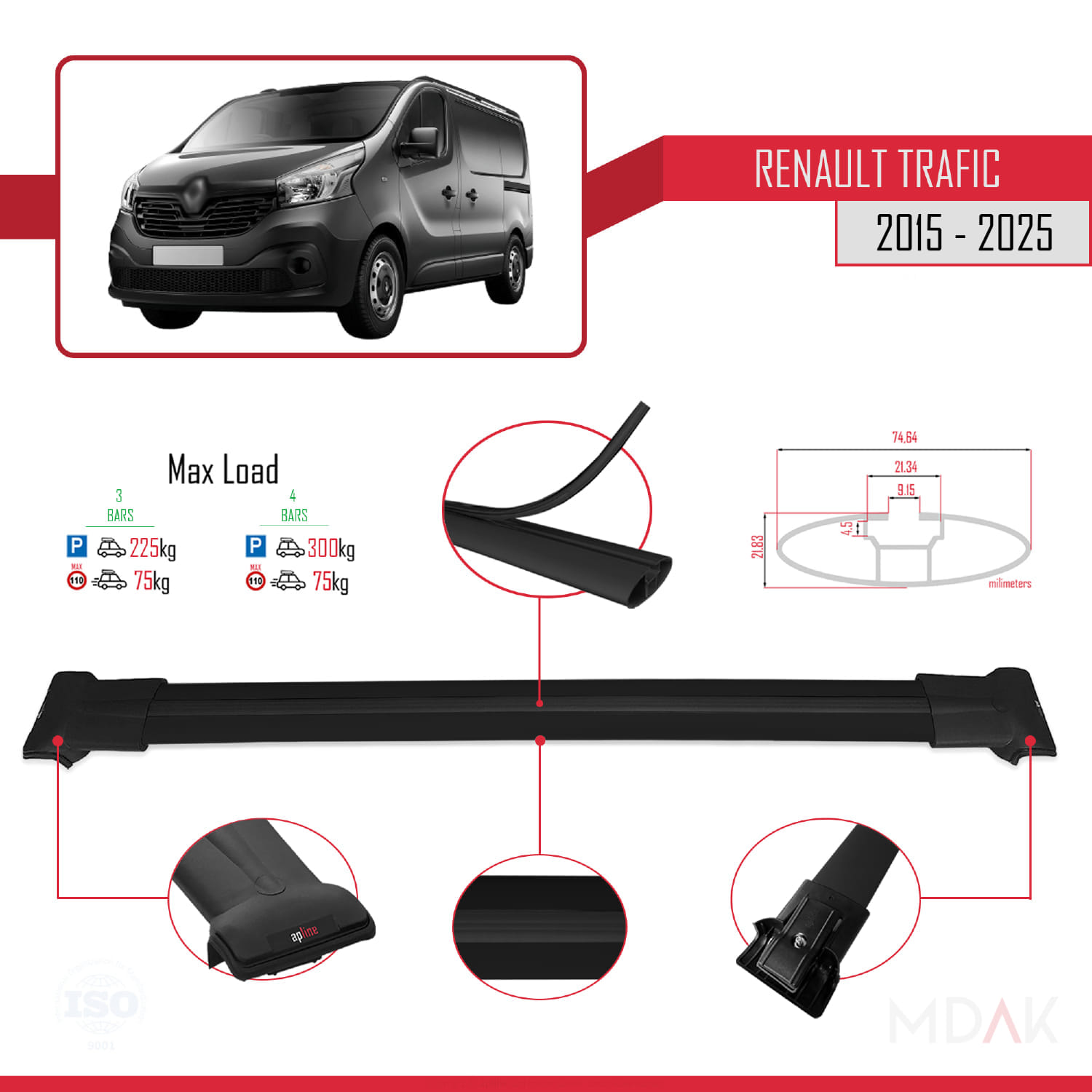 Renault Trafic 3 (X82) 2015 ve Sonrası ile Uyumlu FLY Model Ara Atkı Tavan Barı Siyah 3 Adet - Görsel 3