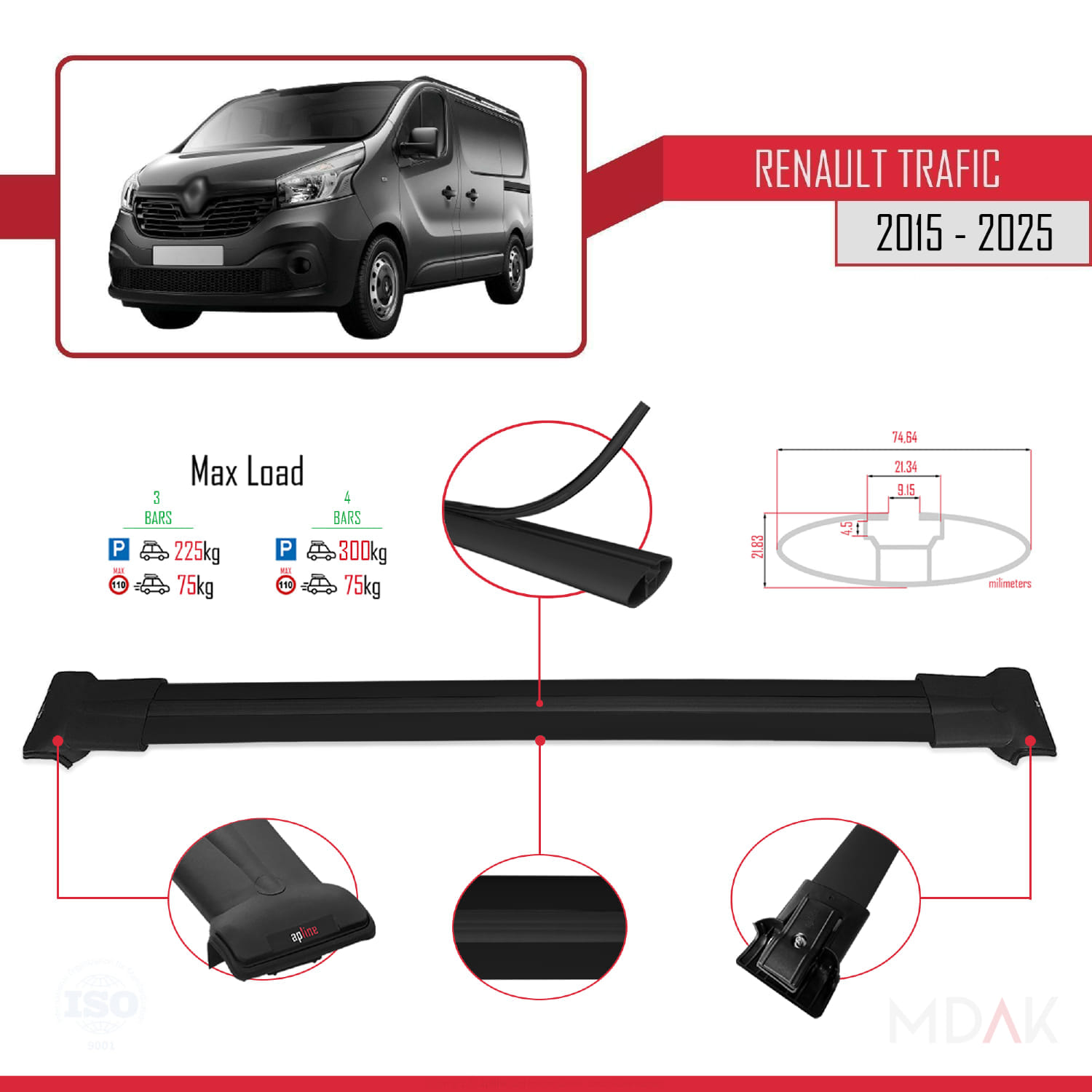 Renault Trafic 3 (X82) 2015 ve Sonrası ile Uyumlu FLY Model Ara Atkı Tavan Barı Siyah 4 Adet - Görsel 3
