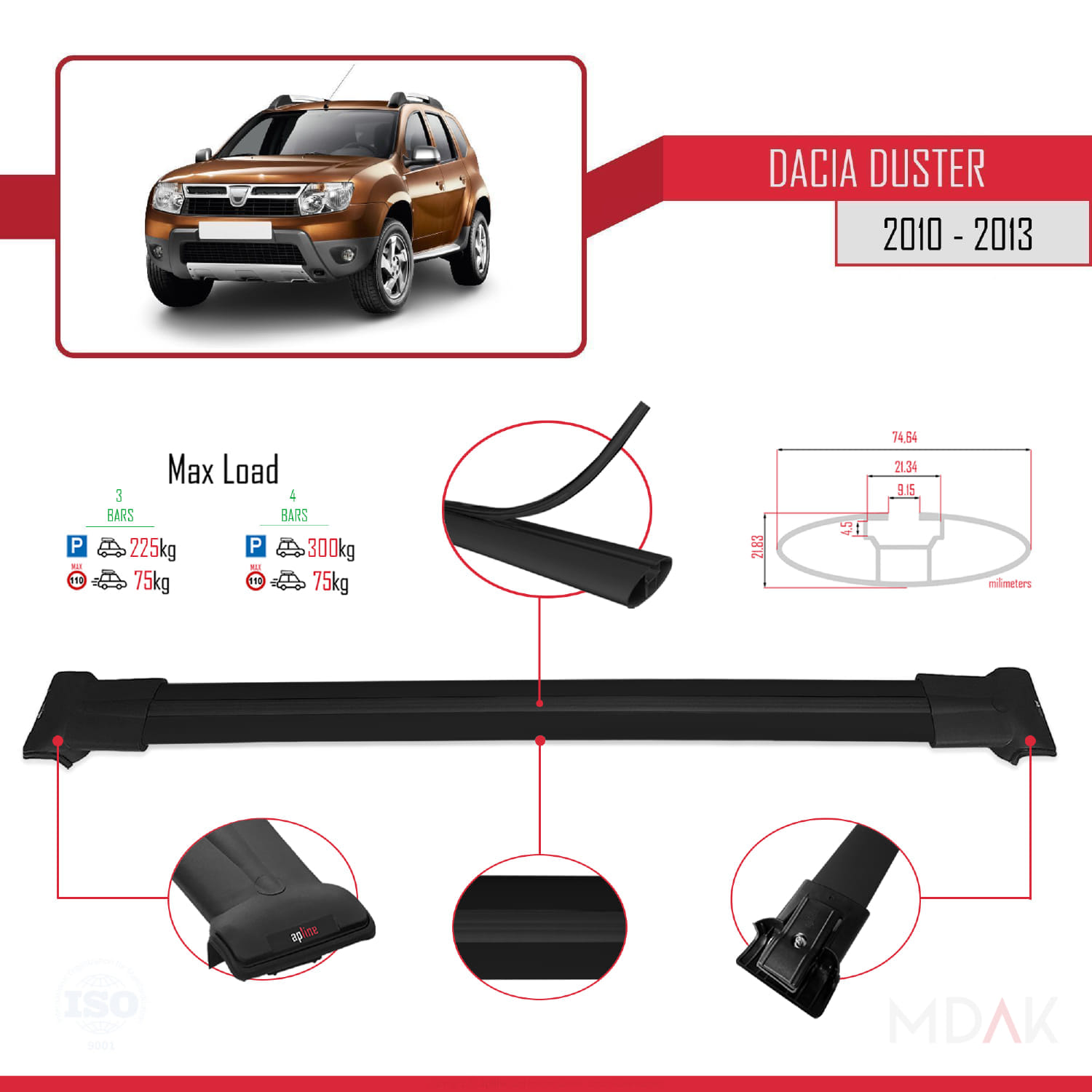 Dacia Duster (HS) Pre-Facelift 2010-2013 Arası ile Uyumlu FLY Model Ara Atkı Tavan Barı Siyah 3 Adet - Görsel 3