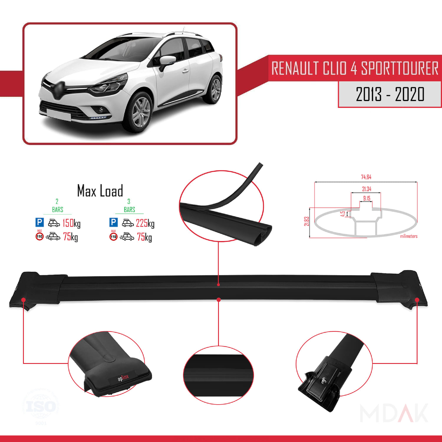 Renault Clio 4 ST 2013-2020 Arası ile Uyumlu FLY Model Ara Atkı Tavan Barı Siyah 2 Adet - Görsel 3