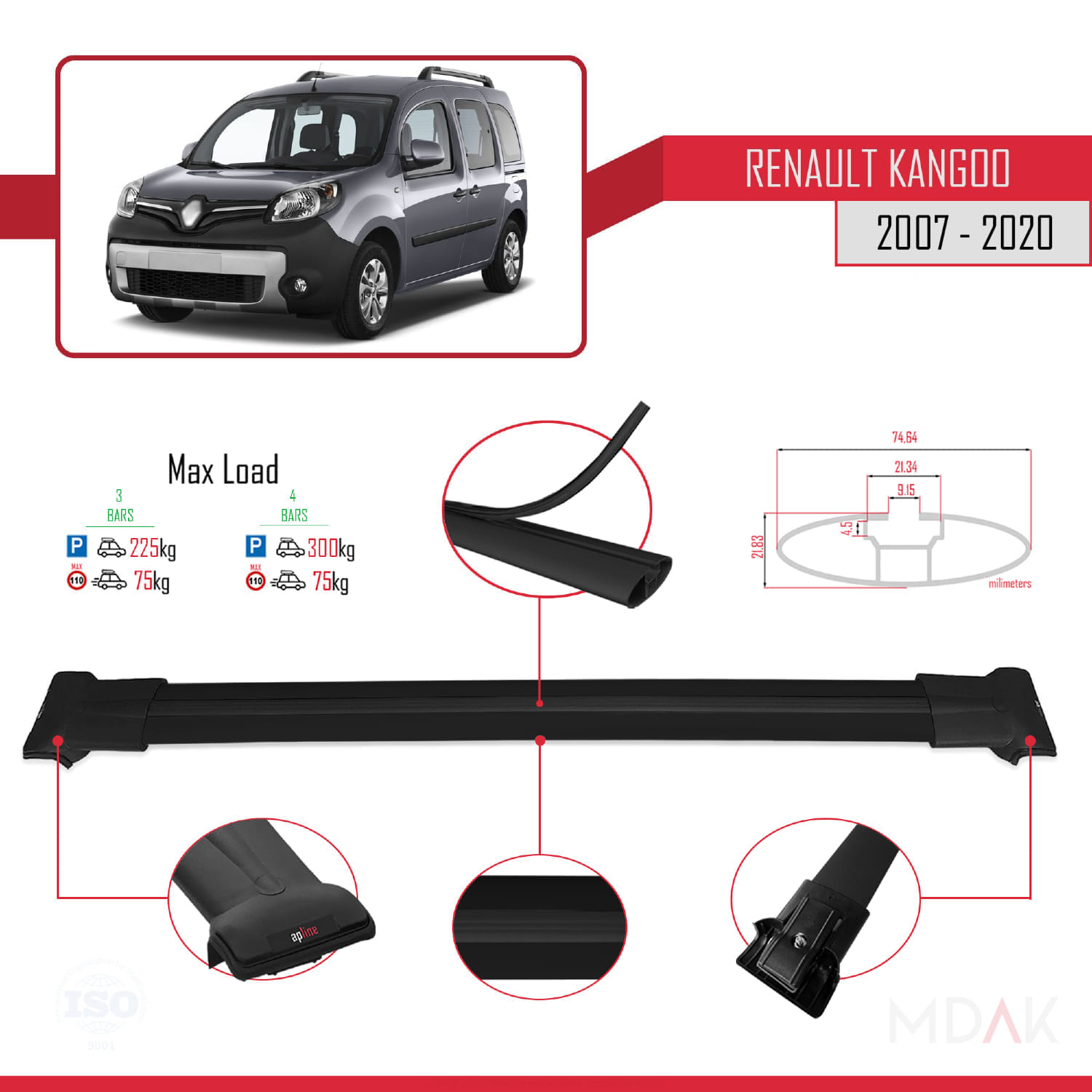 Renault Kangoo 2 (X61) 2007-2020 Arası ile Uyumlu FLY Model Ara Atkı Tavan Barı Siyah 3 Adet - Görsel 3