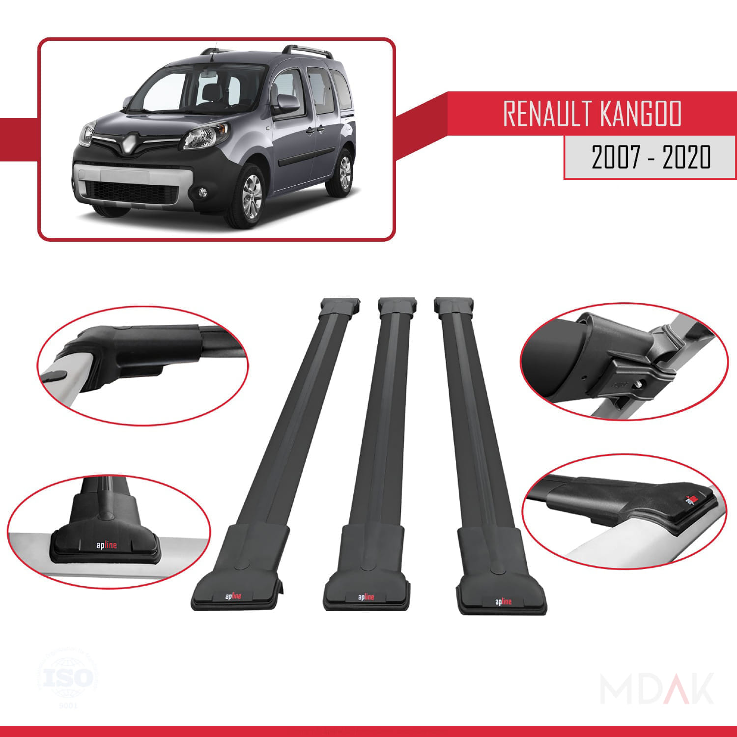 Renault Kangoo 2 (X61) 2007-2020 Arası ile Uyumlu FLY Model Ara Atkı Tavan Barı Siyah 3 Adet - Görsel 4