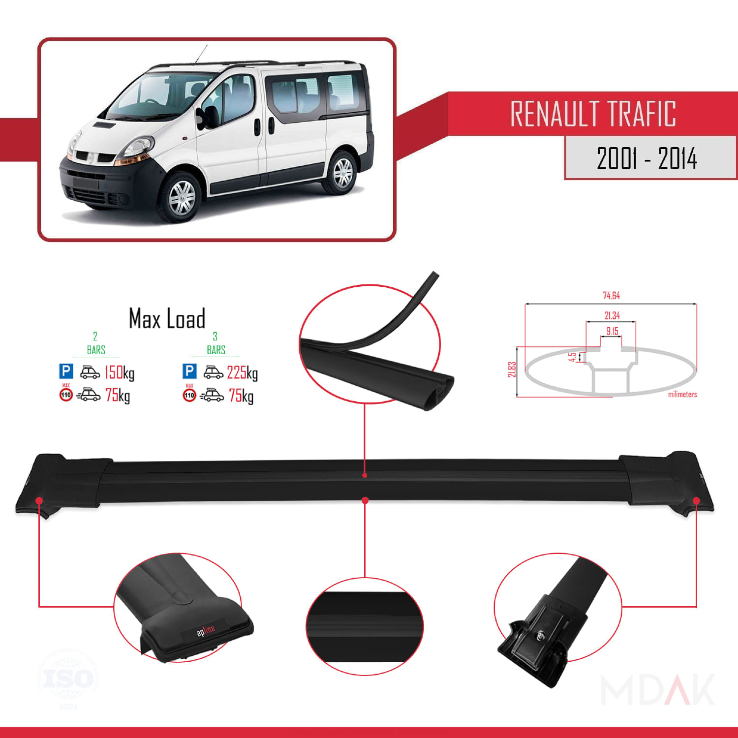 Renault Trafic 2 (X83) 2001-2014 Arası ile Uyumlu FLY Model Ara Atkı Tavan Barı Siyah 2 Adet - Görsel 3