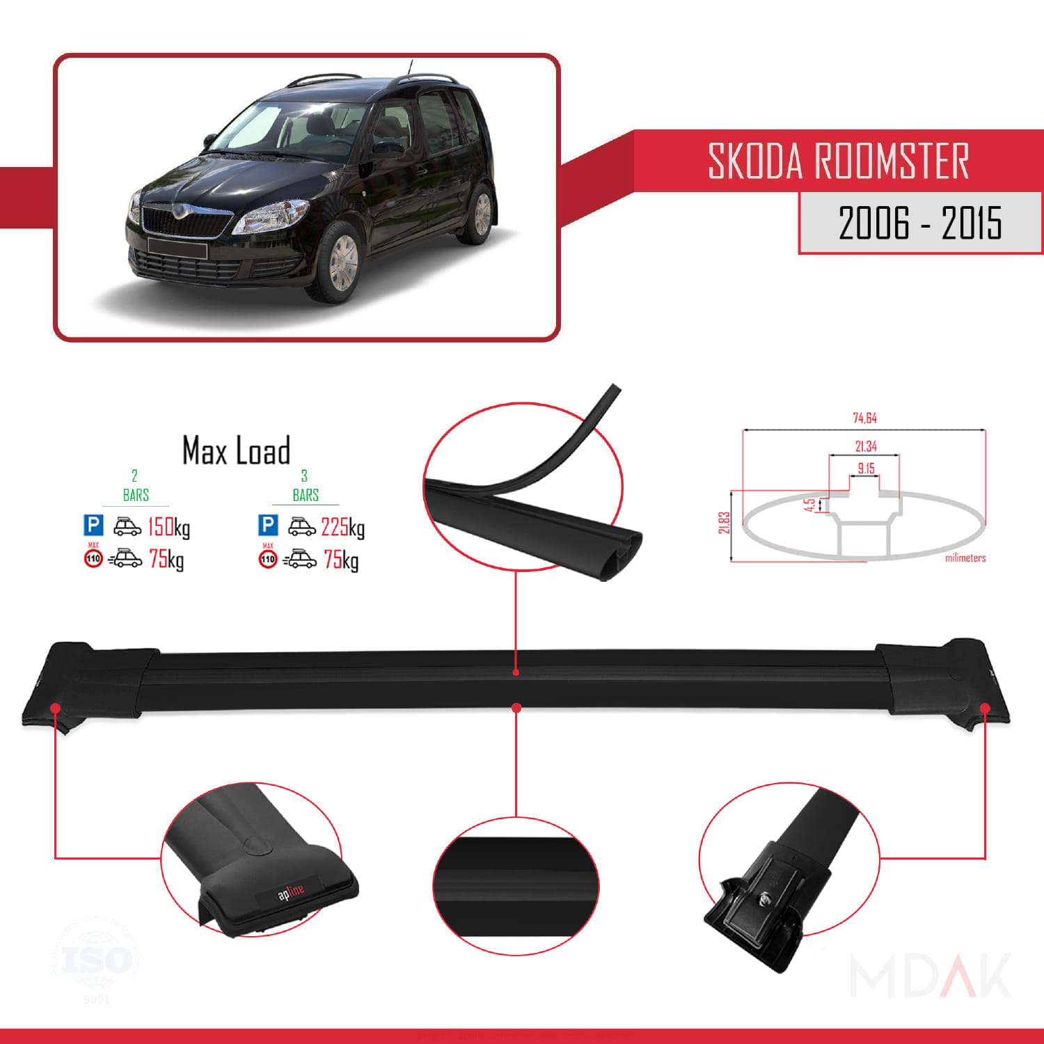 Skoda Roomster 2006-2015 Arası ile Uyumlu FLY Model Ara Atkı Tavan Barı Siyah 2 Adet - Görsel 4