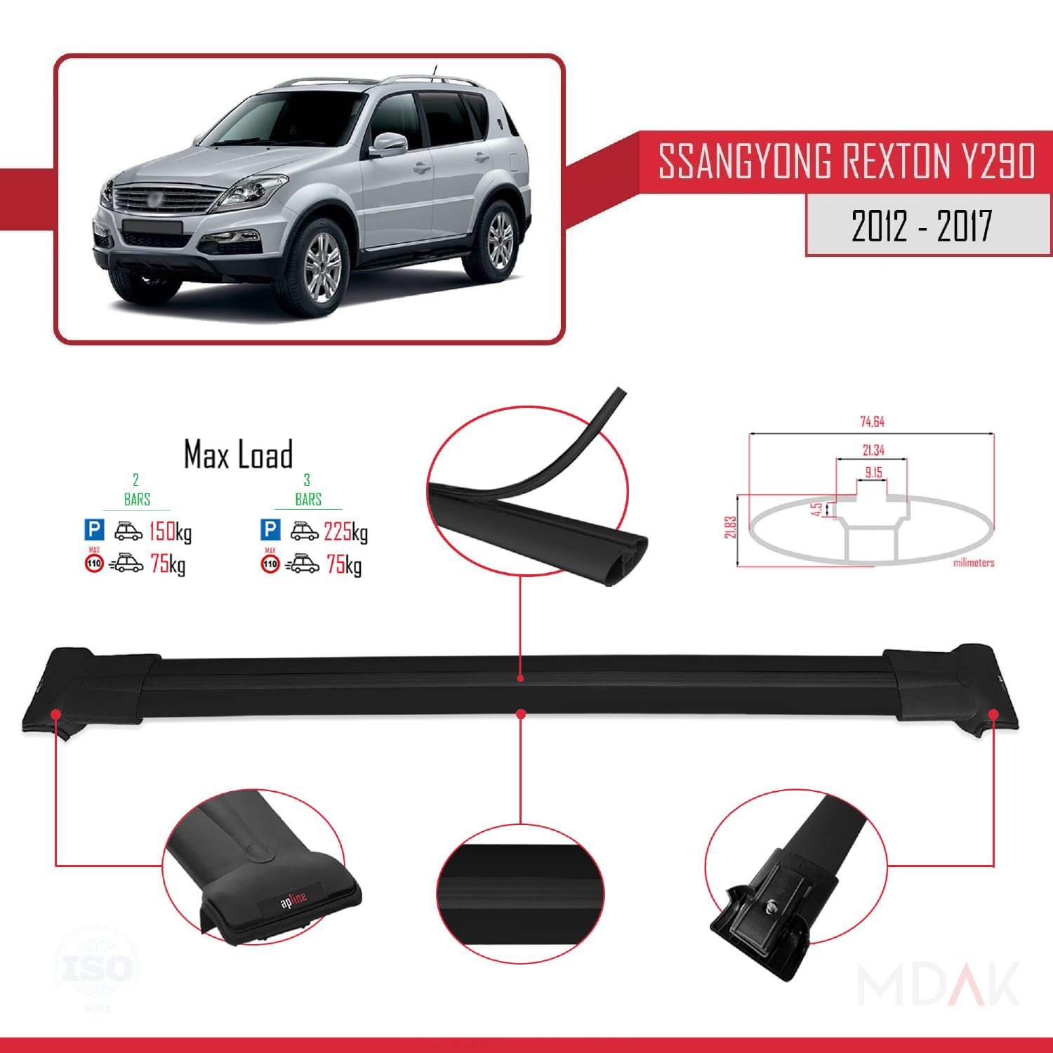 Ssangyong Rexton (Y290) 2012-2017 Arası ile Uyumlu FLY Model Ara Atkı Tavan Barı Siyah 2 Adet - Görsel 3