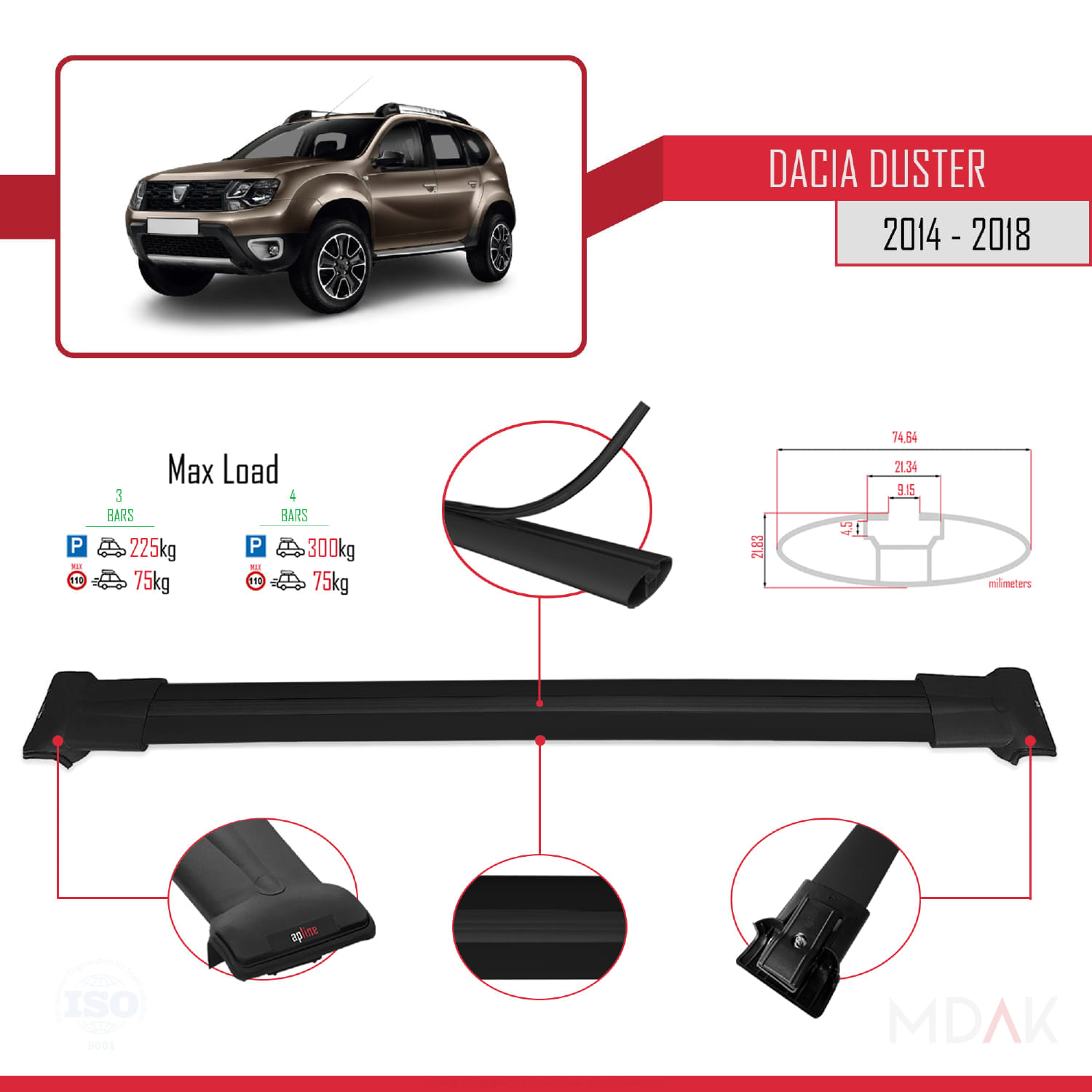 Dacia Duster (HS) Post-Facelift 2014-2017 Arası ile Uyumlu FLY Model Ara Atkı Tavan Barı Siyah 3 Adet - Görsel 3