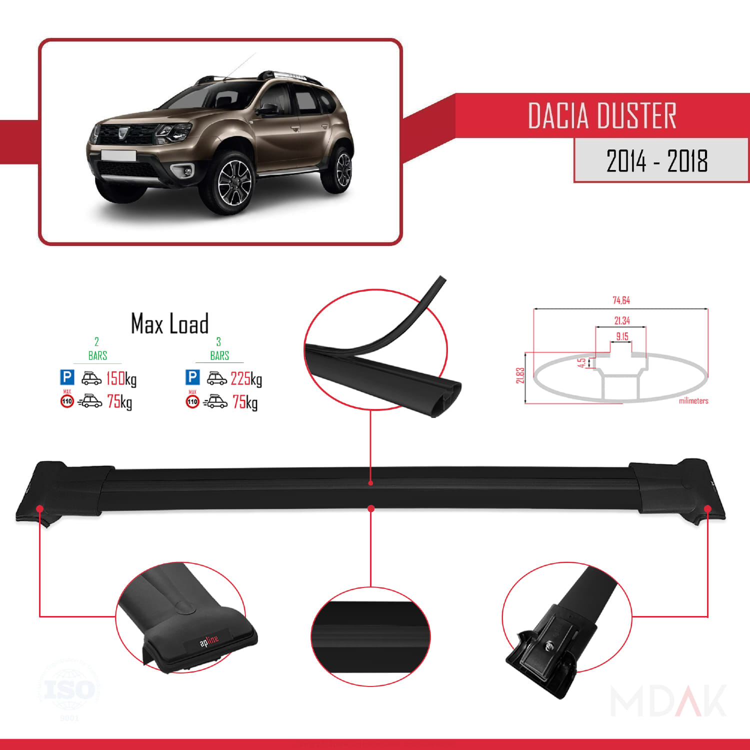 Dacia Duster (HS) Post-Facelift 2014-2017 Arası ile Uyumlu FLY Model Ara Atkı Tavan Barı Siyah 2 Adet - Görsel 3
