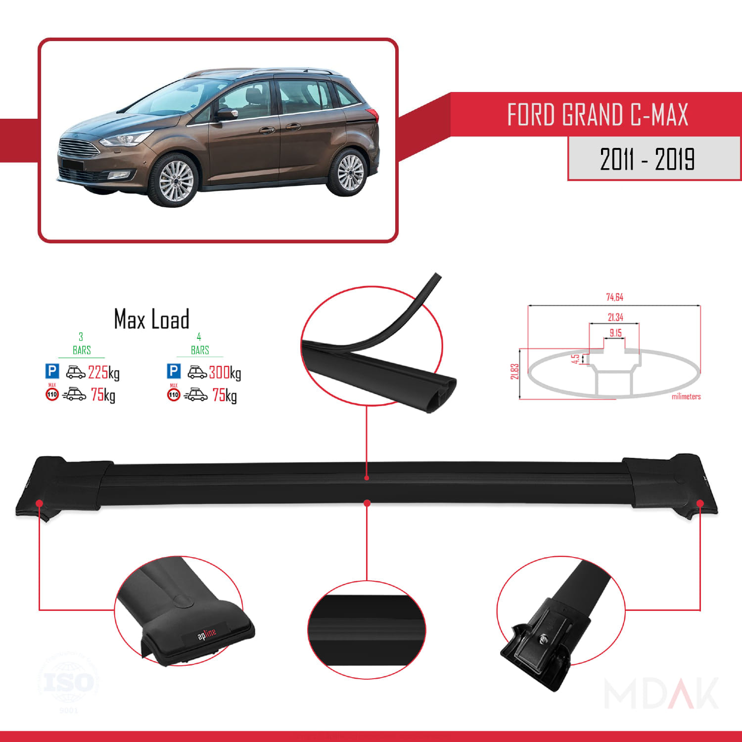 Ford Grand C-Max (C344) 2011-2019 Arası ile Uyumlu FLY Model Ara Atkı Tavan Barı Siyah 3 Adet - Görsel 3