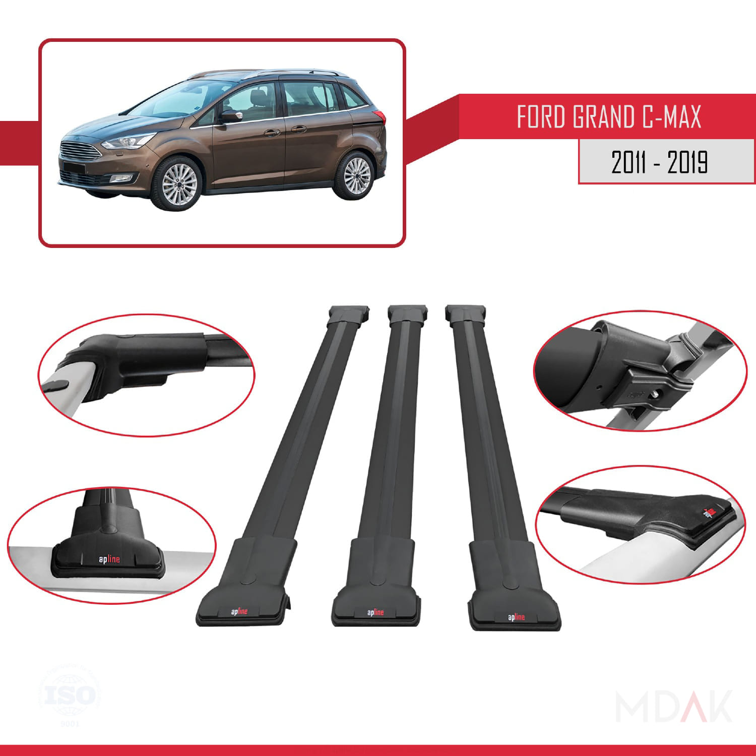 Ford Grand C-Max (C344) 2011-2019 Arası ile Uyumlu FLY Model Ara Atkı Tavan Barı Siyah 3 Adet - Görsel 4