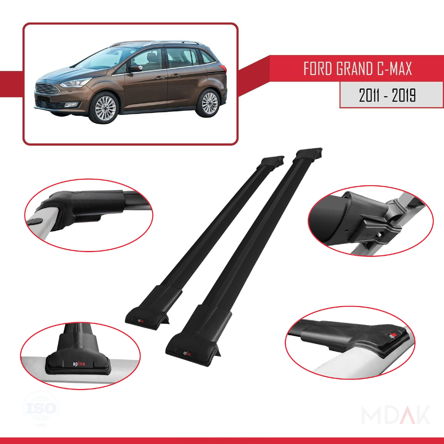 Ford Grand C-Max (C344) 2011-2019 Arası ile Uyumlu FLY Model Ara Atkı Tavan Barı Siyah 2 Adet - Görsel 4