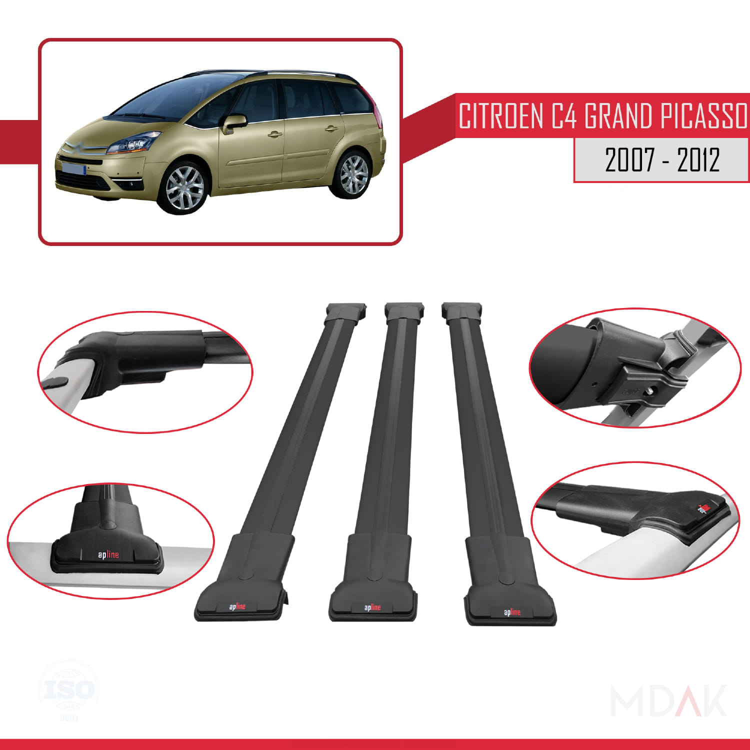 Citroen Grand C4 Picasso 2007-2012 Arası ile Uyumlu FLY Model Ara Atkı Tavan Barı Siyah 3 Adet - Görsel 4