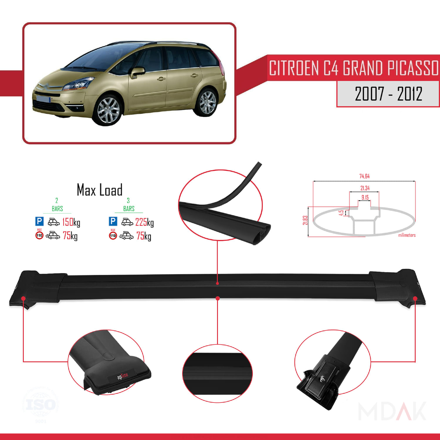 Citroen Grand C4 Picasso 2007-2012 Arası ile Uyumlu FLY Model Ara Atkı Tavan Barı Siyah 2 Adet - Görsel 4
