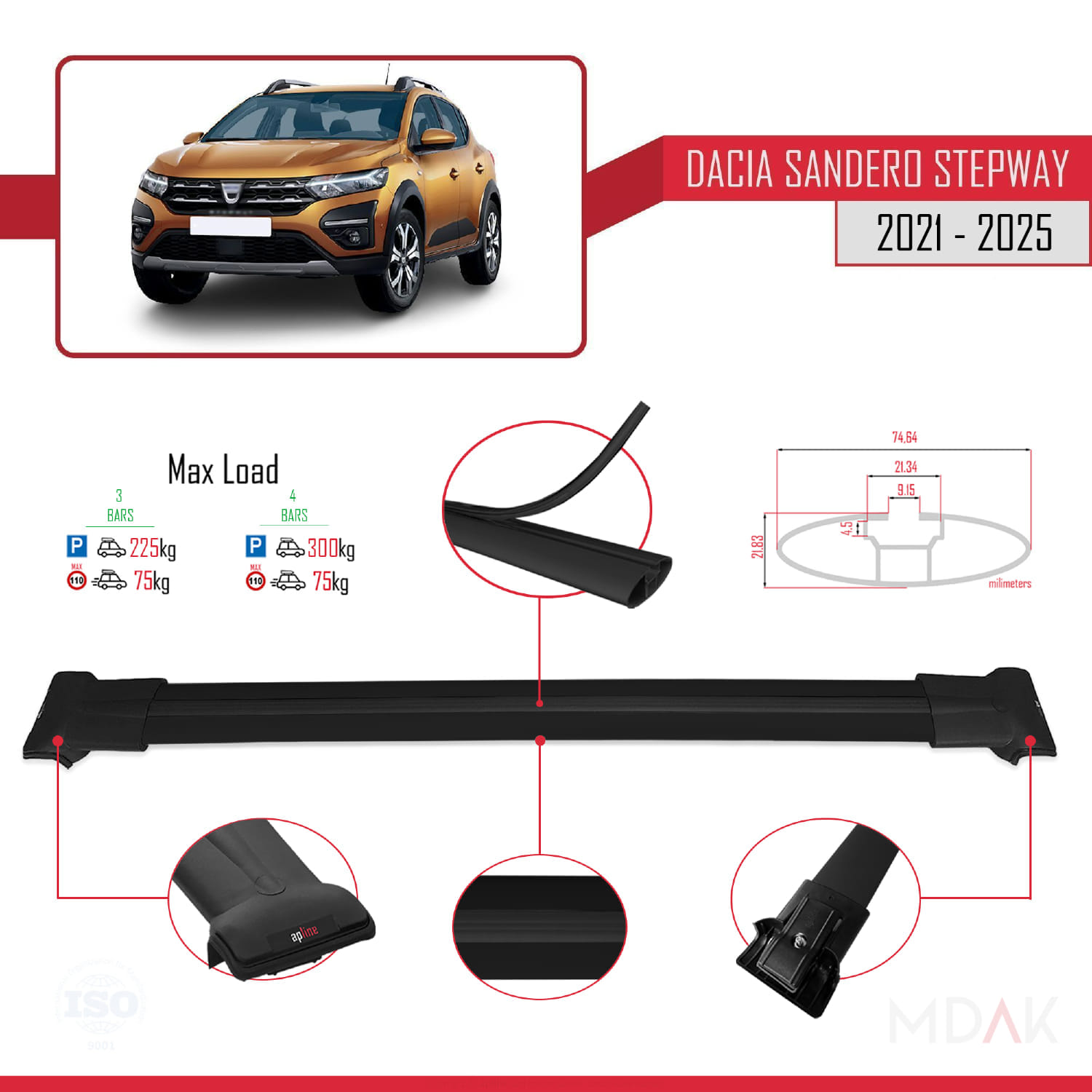 Dacia Sandero Stepway 3 2021 ve Sonrası ile Uyumlu FLY Model Ara Atkı Tavan Barı Siyah 3 Adet - Görsel 3