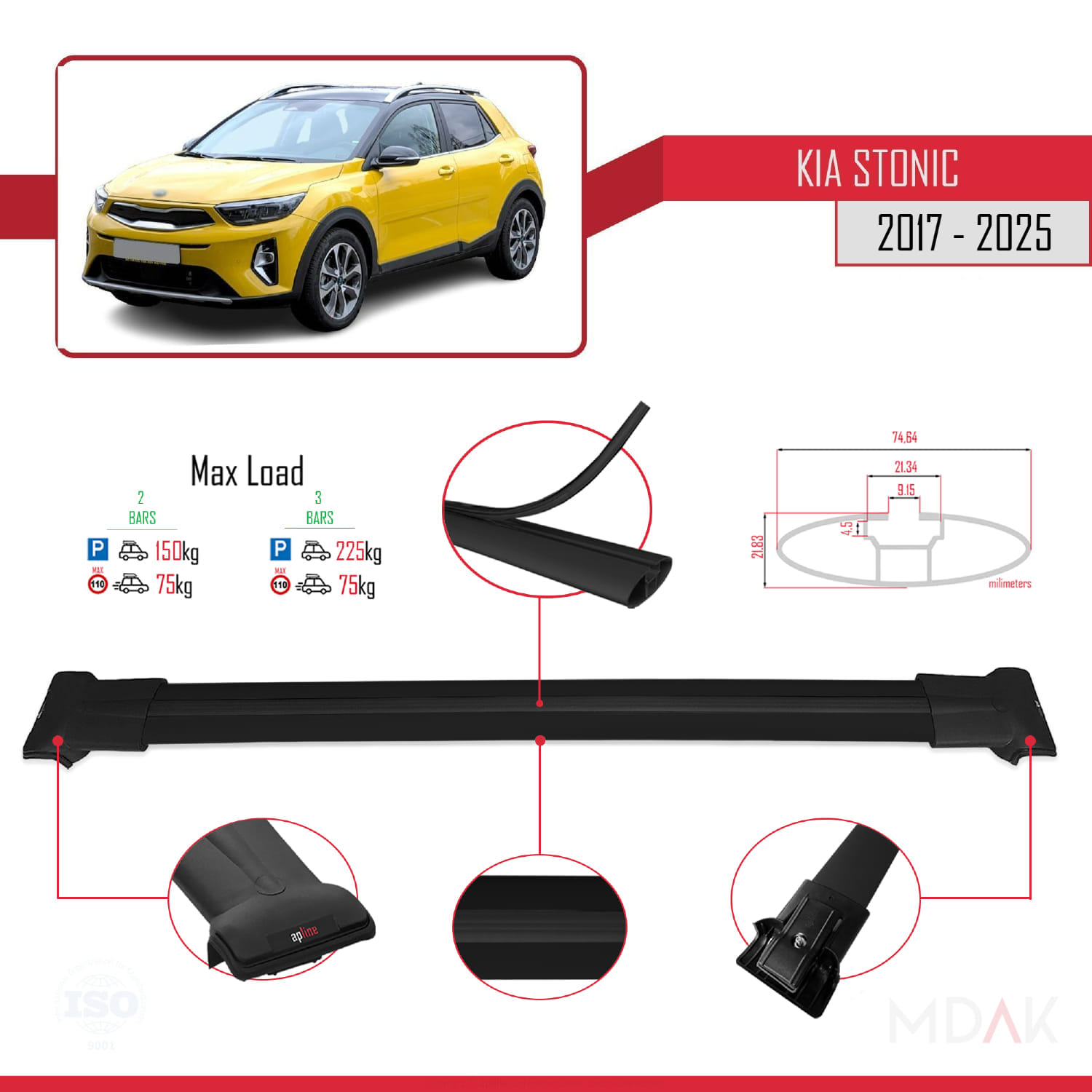 Kia Stonic 2017 ve Sonrası ile Uyumlu FLY Model Ara Atkı Tavan Barı Siyah 2 Adet - Görsel 4