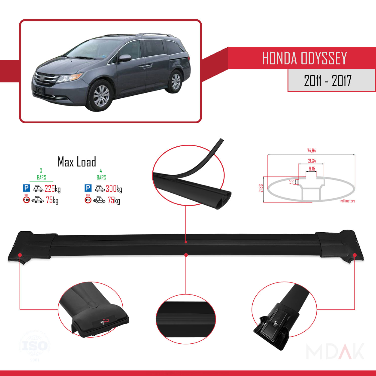 Honda Odyssey 2011-2017 Arası ile Uyumlu FLY Model Ara Atkı Tavan Barı Siyah 3 Adet - Görsel 3