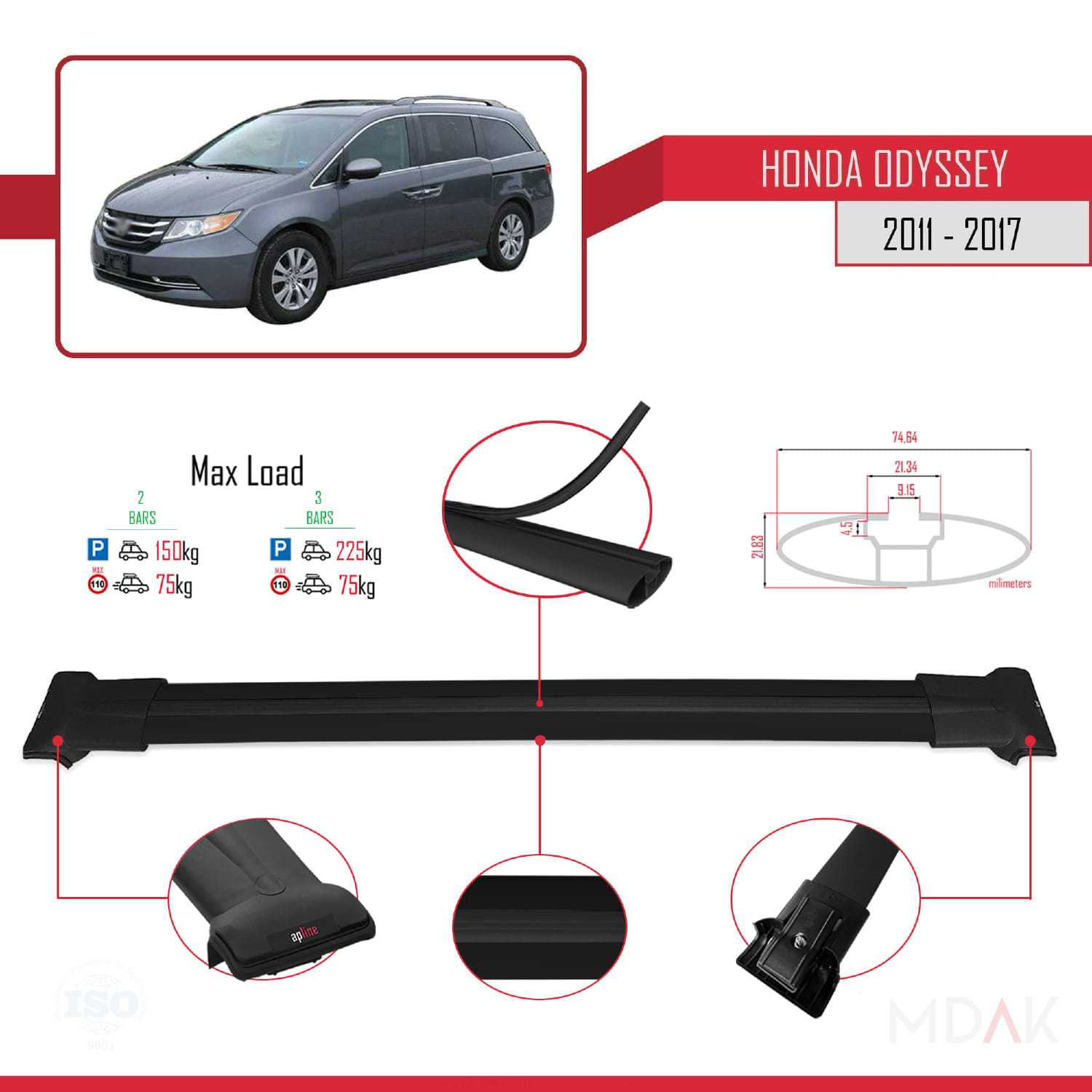Honda Odyssey 2011-2017 Arası ile Uyumlu FLY Model Ara Atkı Tavan Barı Siyah 2 Adet - Görsel 4