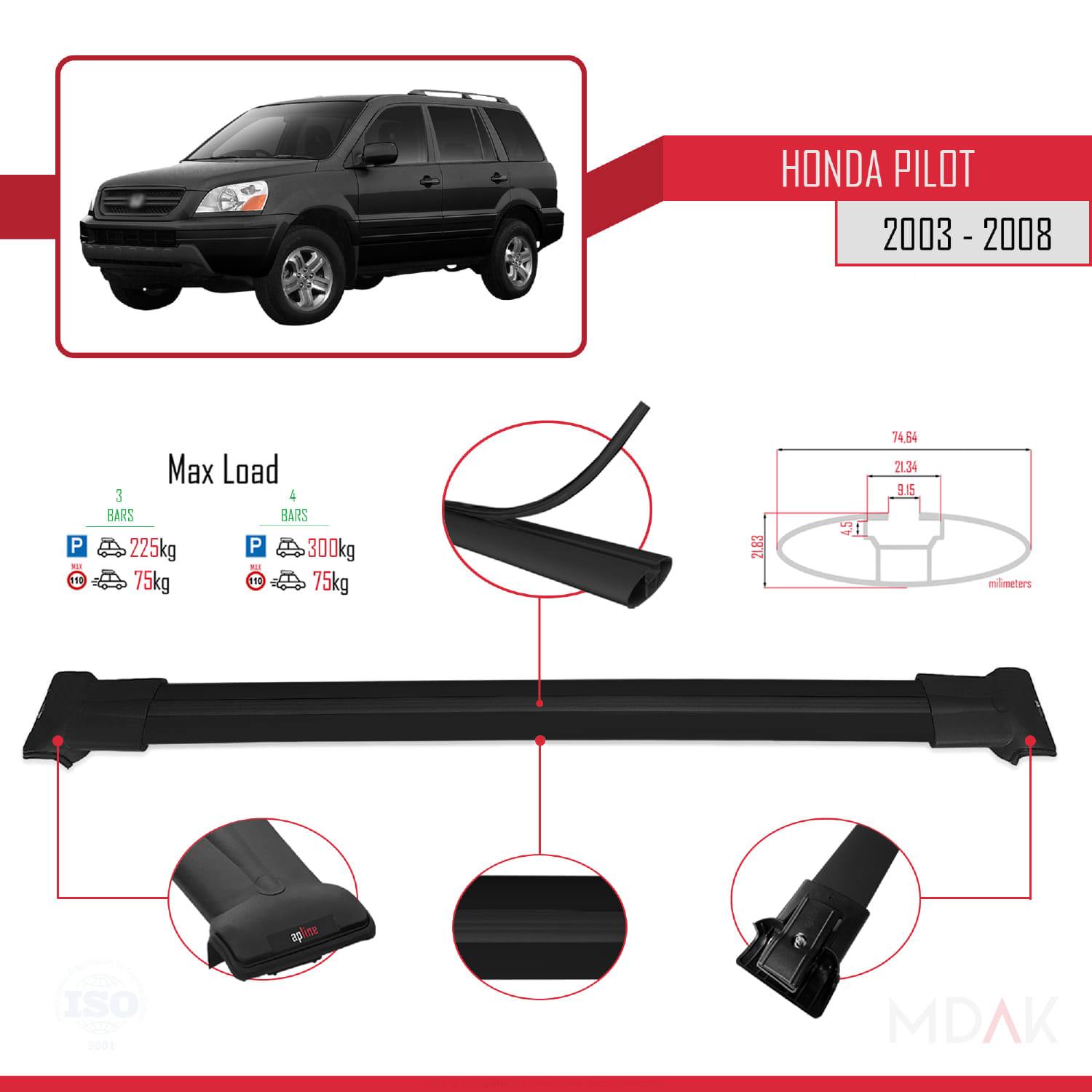 Honda Pilot 2003-2008 Arası ile Uyumlu FLY Model Ara Atkı Tavan Barı Siyah 3 Adet - Görsel 3