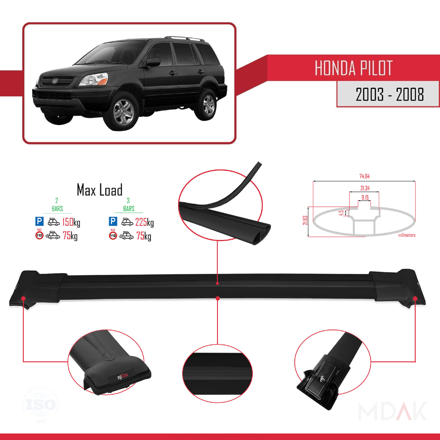 Honda Pilot 2003-2008 Arası ile Uyumlu FLY Model Ara Atkı Tavan Barı Siyah 2 Adet - Görsel 4