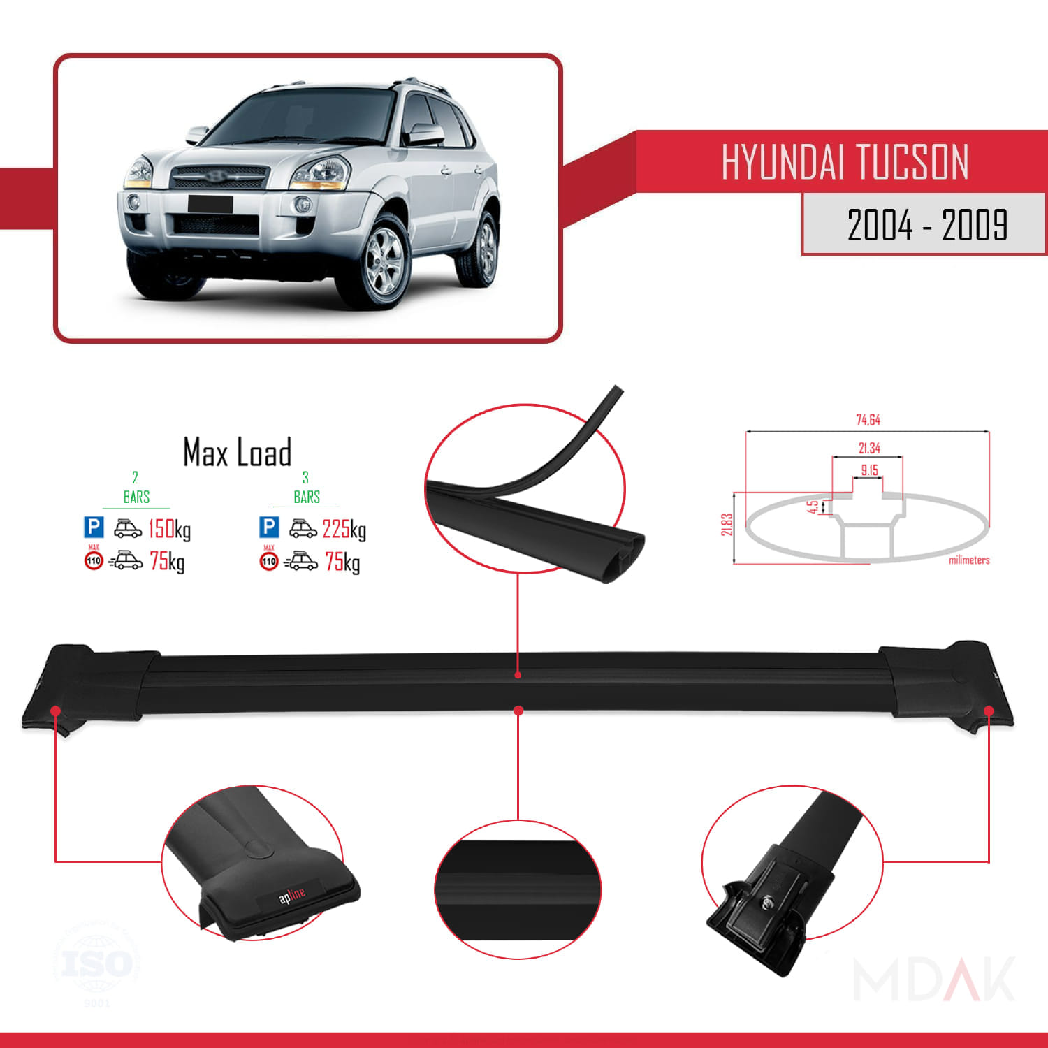Hyundai Tucson (JM) 2004-2009 Arası ile Uyumlu FLY Model Ara Atkı Tavan Barı Siyah 2 Adet - Görsel 4