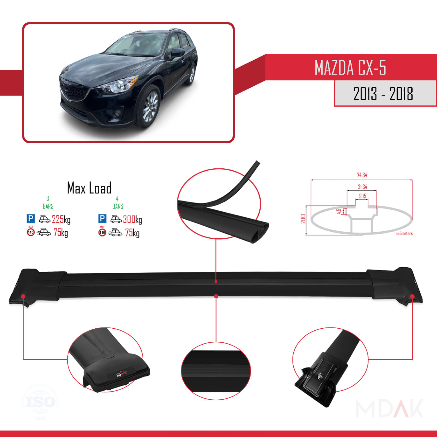 Mazda CX-5 I (KE) 2012-2016 Arası ile Uyumlu FLY Model Ara Atkı Tavan Barı Siyah 3 Adet - Görsel 3