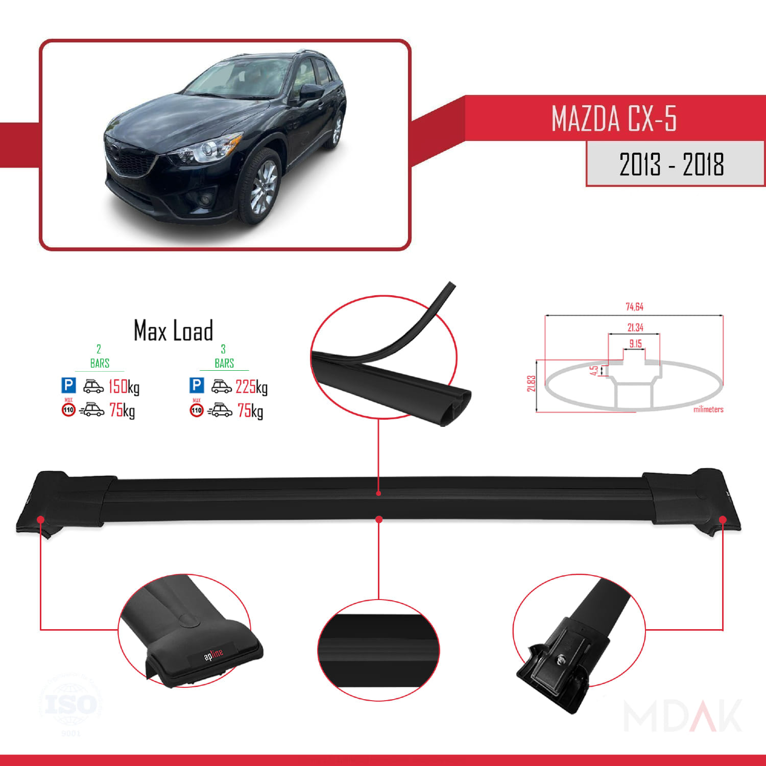 Mazda CX-5 I (KE) 2012-2016 Arası ile Uyumlu FLY Model Ara Atkı Tavan Barı Siyah 2 Adet - Görsel 4
