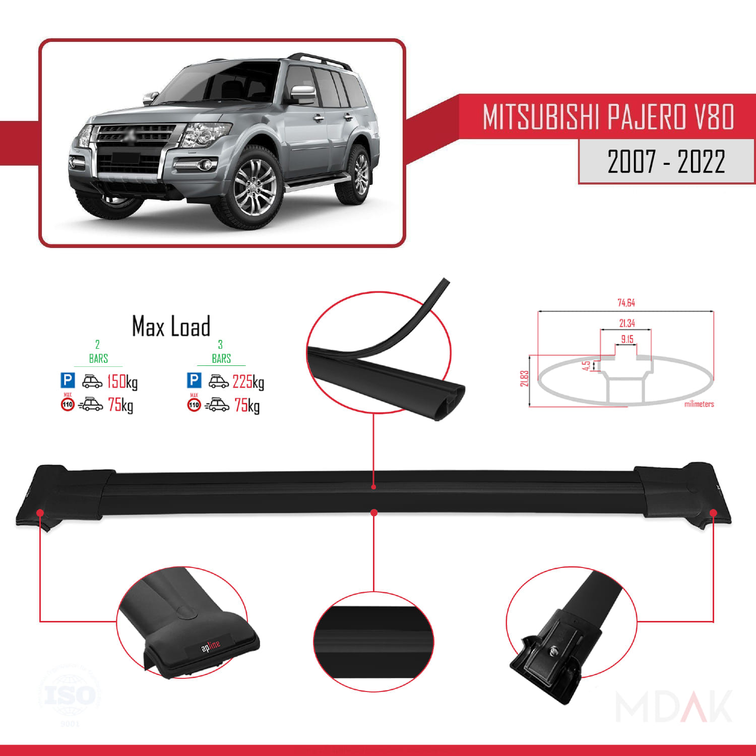 Mitsubishi Pajero (V80) 2007-2022 Arası ile Uyumlu FLY Model Ara Atkı Tavan Barı Siyah 2 Adet - Görsel 4