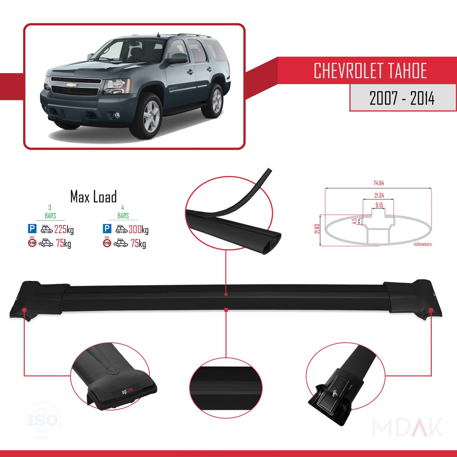 Chevrolet Tahoe 3 2007-2014 Arası ile Uyumlu FLY Model Ara Atkı Tavan Barı Siyah 3 Adet - Görsel 3