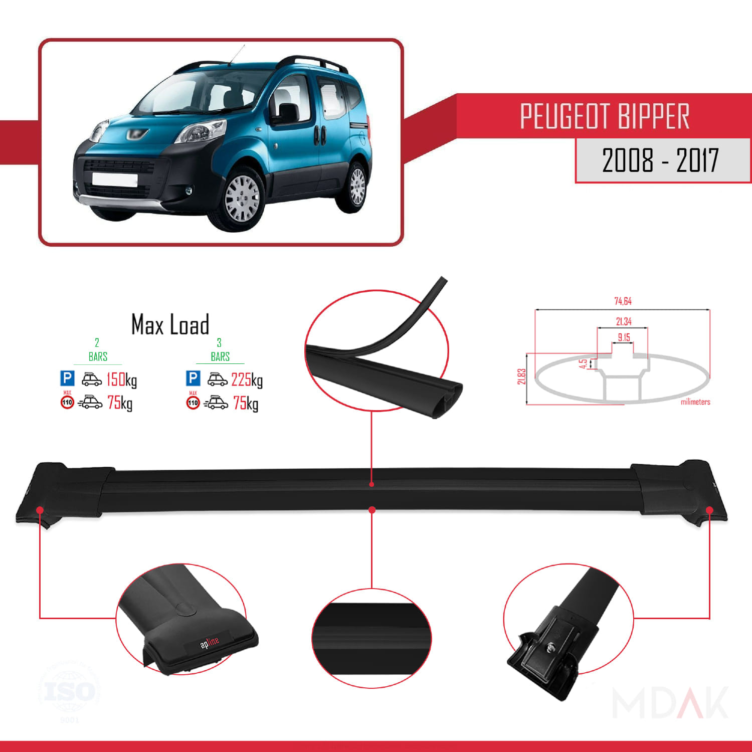 Peugeot Bipper 2008-2017 Arası ile Uyumlu FLY Model Ara Atkı Tavan Barı Siyah 2 Adet - Görsel 4