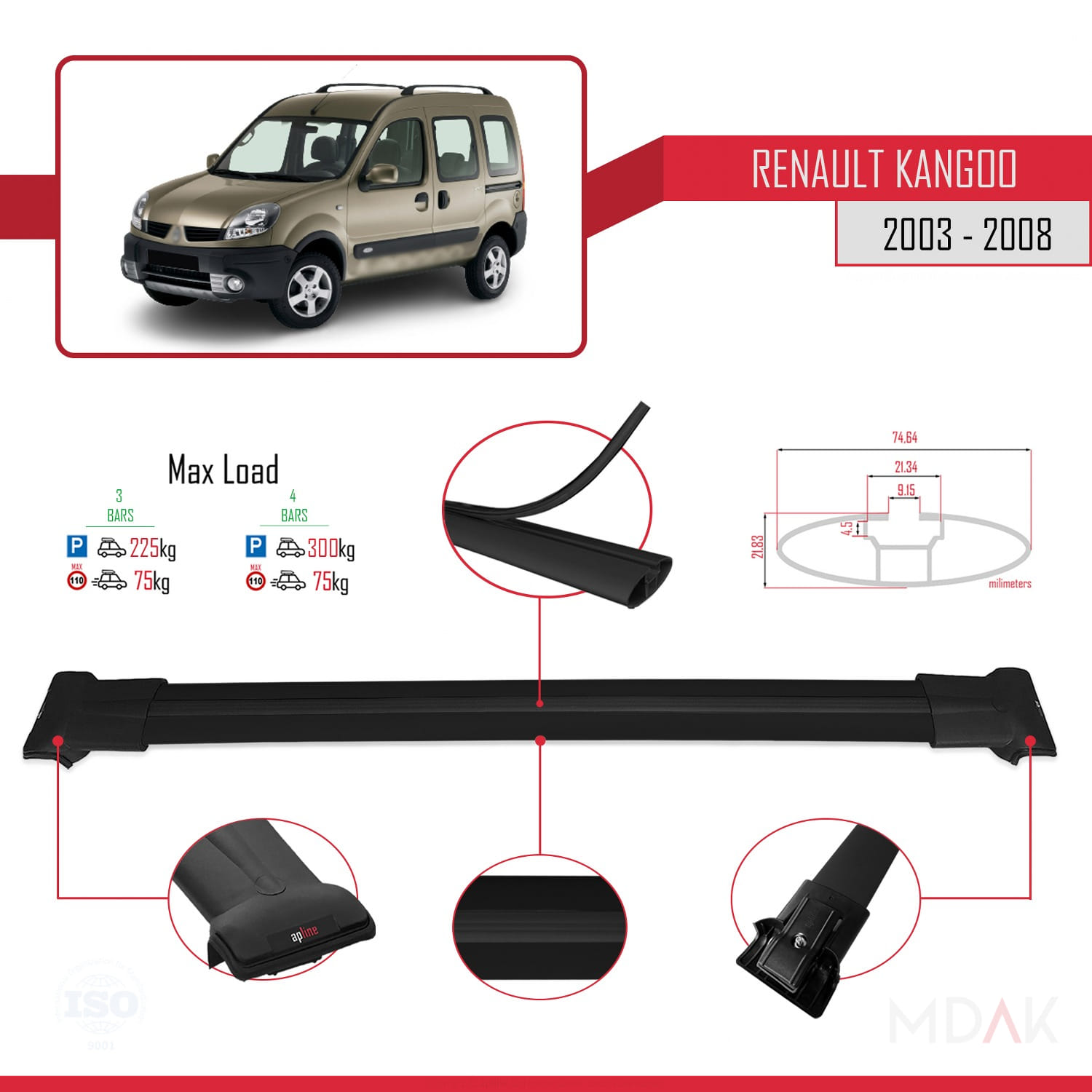 Renault Kangoo (X76) Post-Facelift 2003-2008 Arası ile Uyumlu FLY Model Ara Atkı Tavan Barı Siyah 3 Adet - Görsel 3
