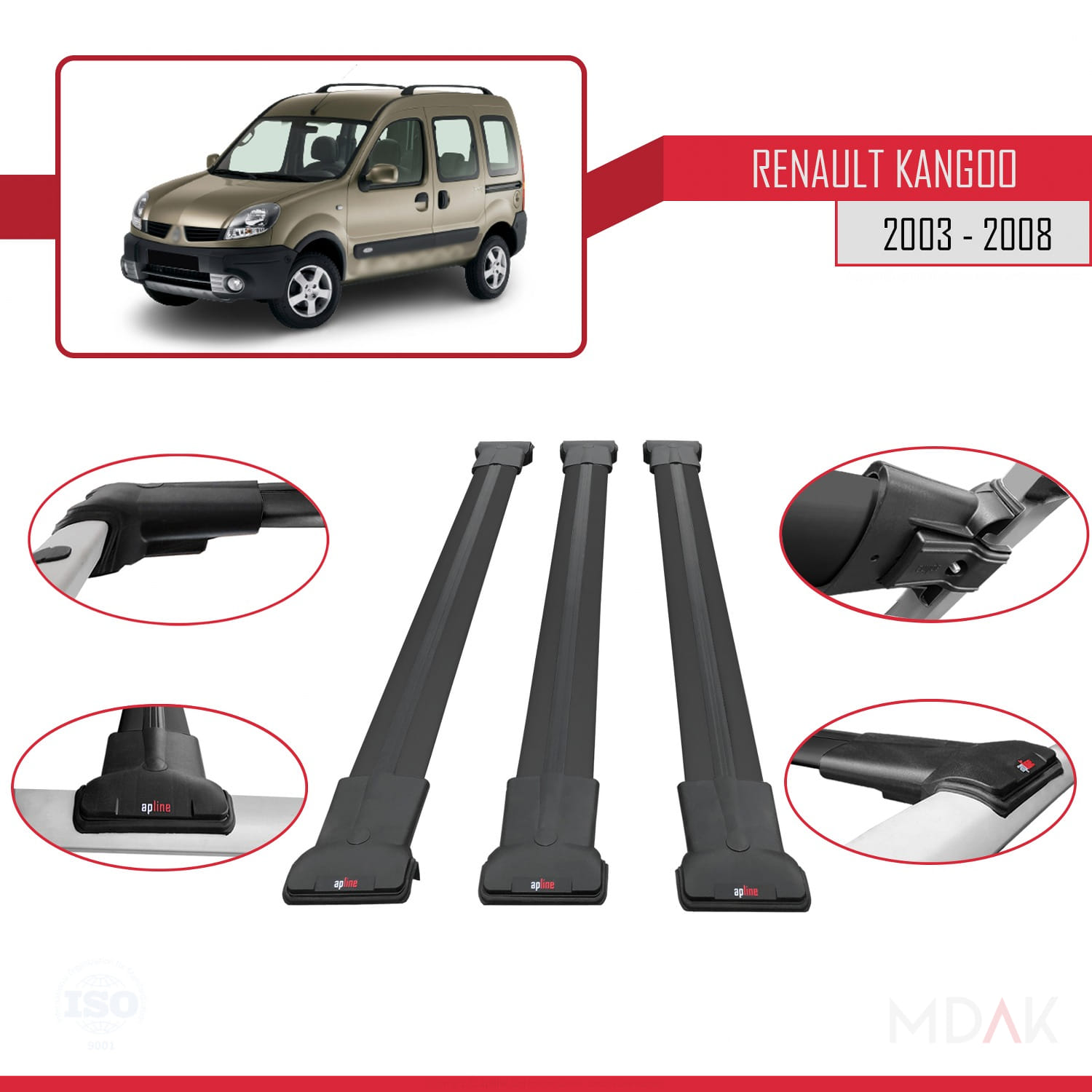 Renault Kangoo (X76) Post-Facelift 2003-2008 Arası ile Uyumlu FLY Model Ara Atkı Tavan Barı Siyah 3 Adet - Görsel 4