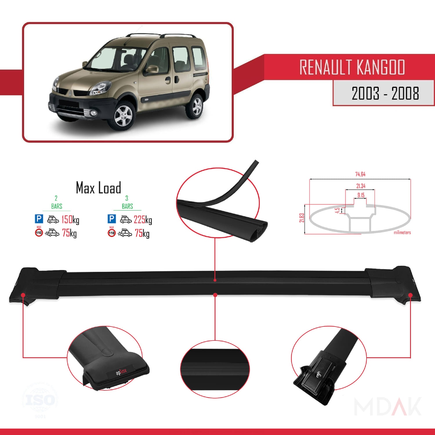 Renault Kangoo (X76) Post-Facelift 2003-2008 Arası ile Uyumlu FLY Model Ara Atkı Tavan Barı Siyah 2 Adet - Görsel 4