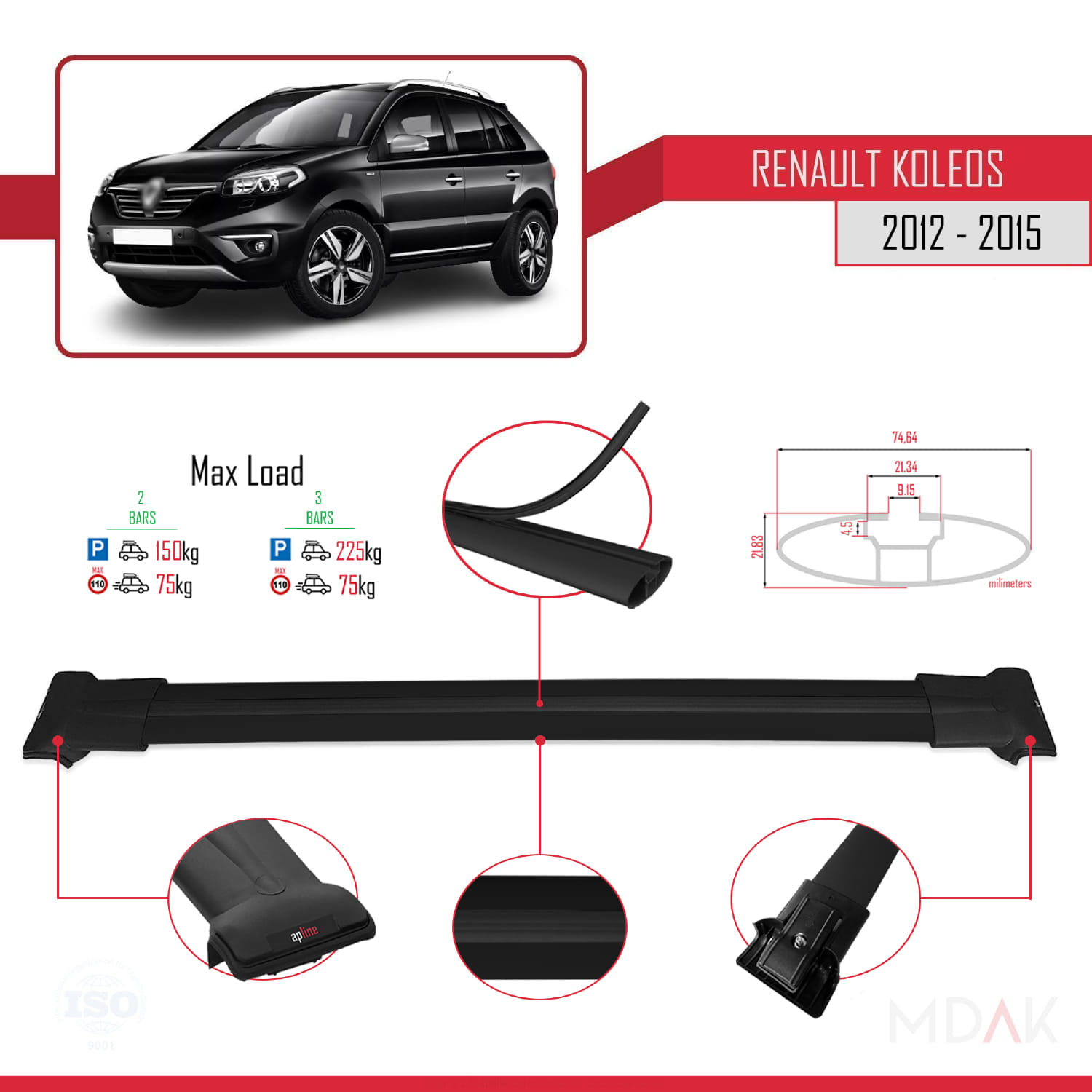 Renault Koleos (HY) Post-Facelift 2012-2015 Arası ile Uyumlu FLY Model Ara Atkı Tavan Barı Siyah 2 Adet - Görsel 4