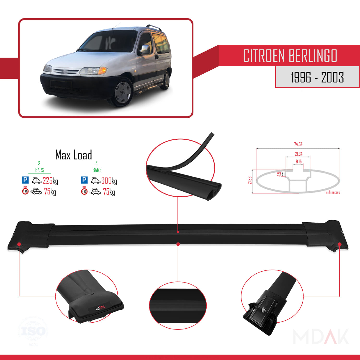 Citroen Berlingo (M49) 1996-2003 Arası ile Uyumlu FLY Model Ara Atkı Tavan Barı Siyah 3 Adet - Görsel 3